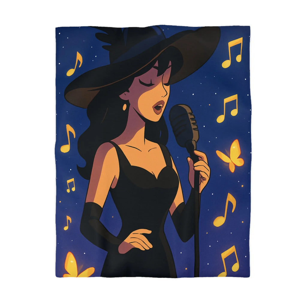 Élégant design musicien nocturne avec notes dorées et papillons sur fond étoilé bleu