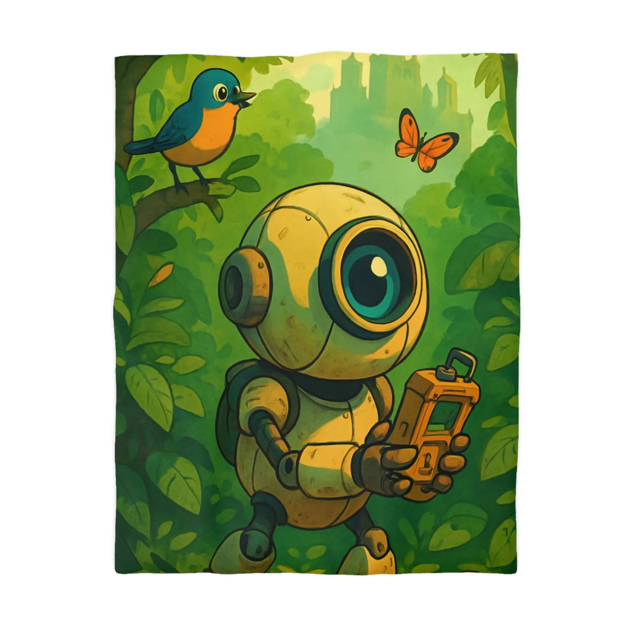 Housse de couette ludique avec robot curieux dans une forêt verdoyante et magique