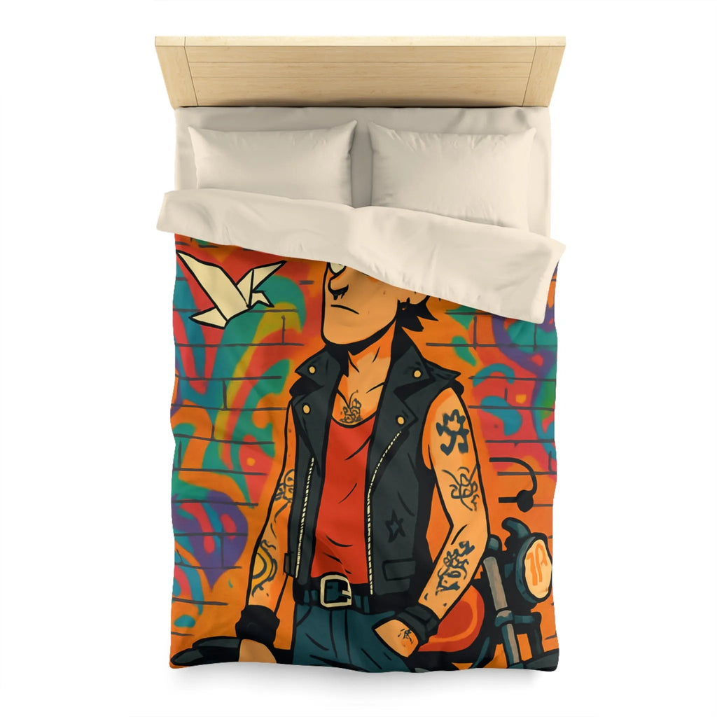 Housse de couette avec imprimé punk, moto et graffitis, ambiance urbaine colorée