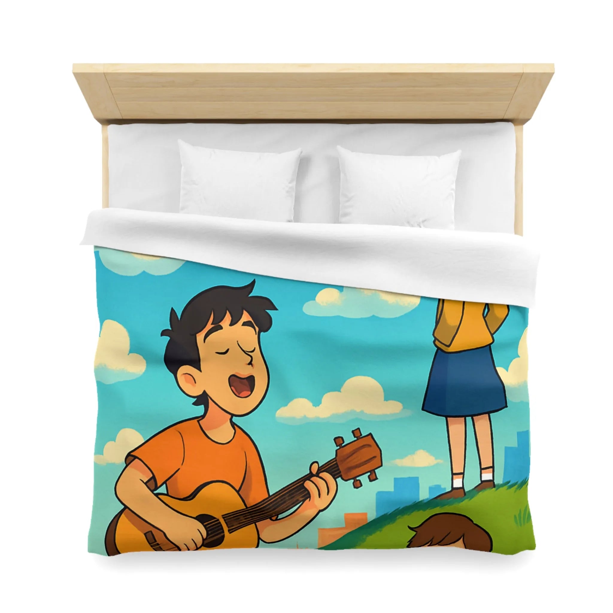 Housse de couette avec personnages chantant et lisant sur colline ensoleillée