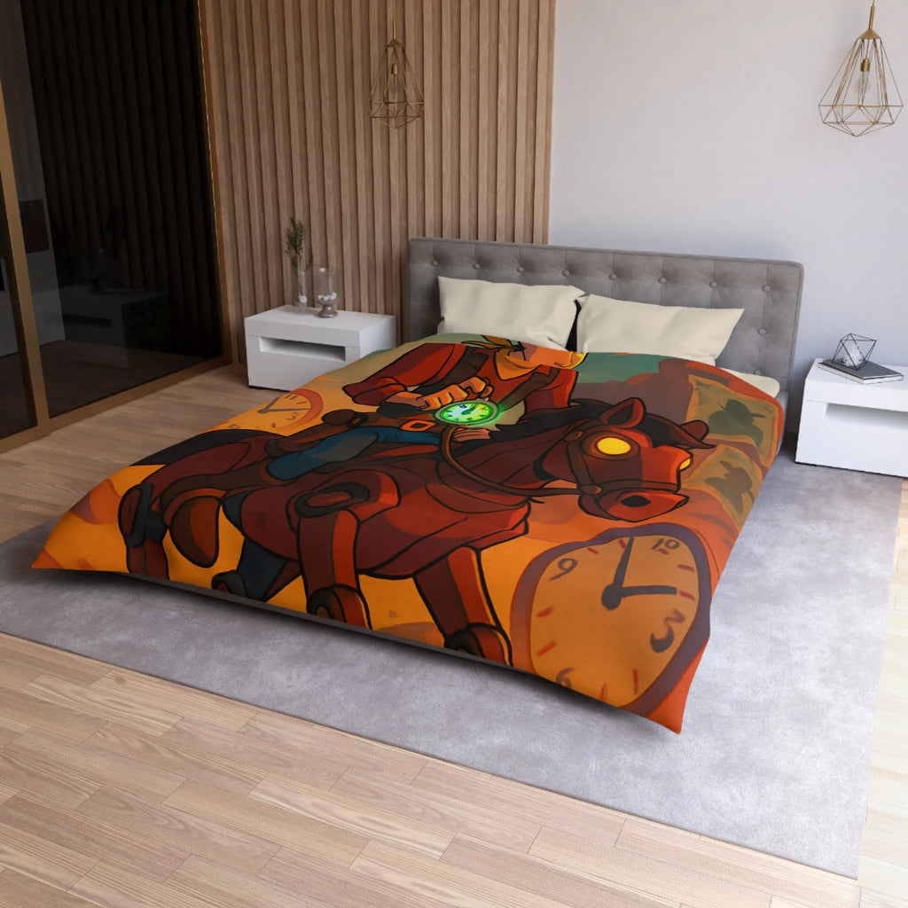 Housse de couette cowboy futuriste avec cheval mécanique et montres vintage dans désert