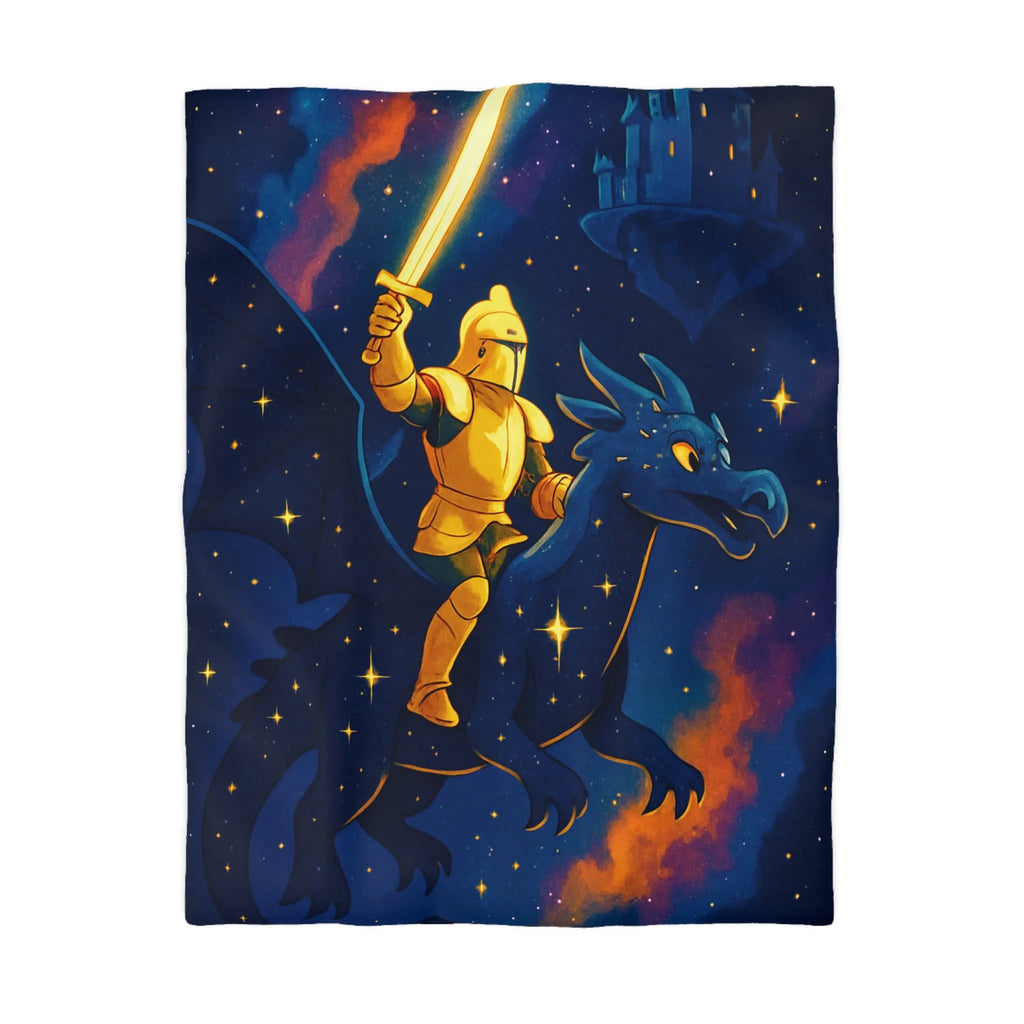 Housse de couette avec chevalier et dragon volant sous étoiles et château magique