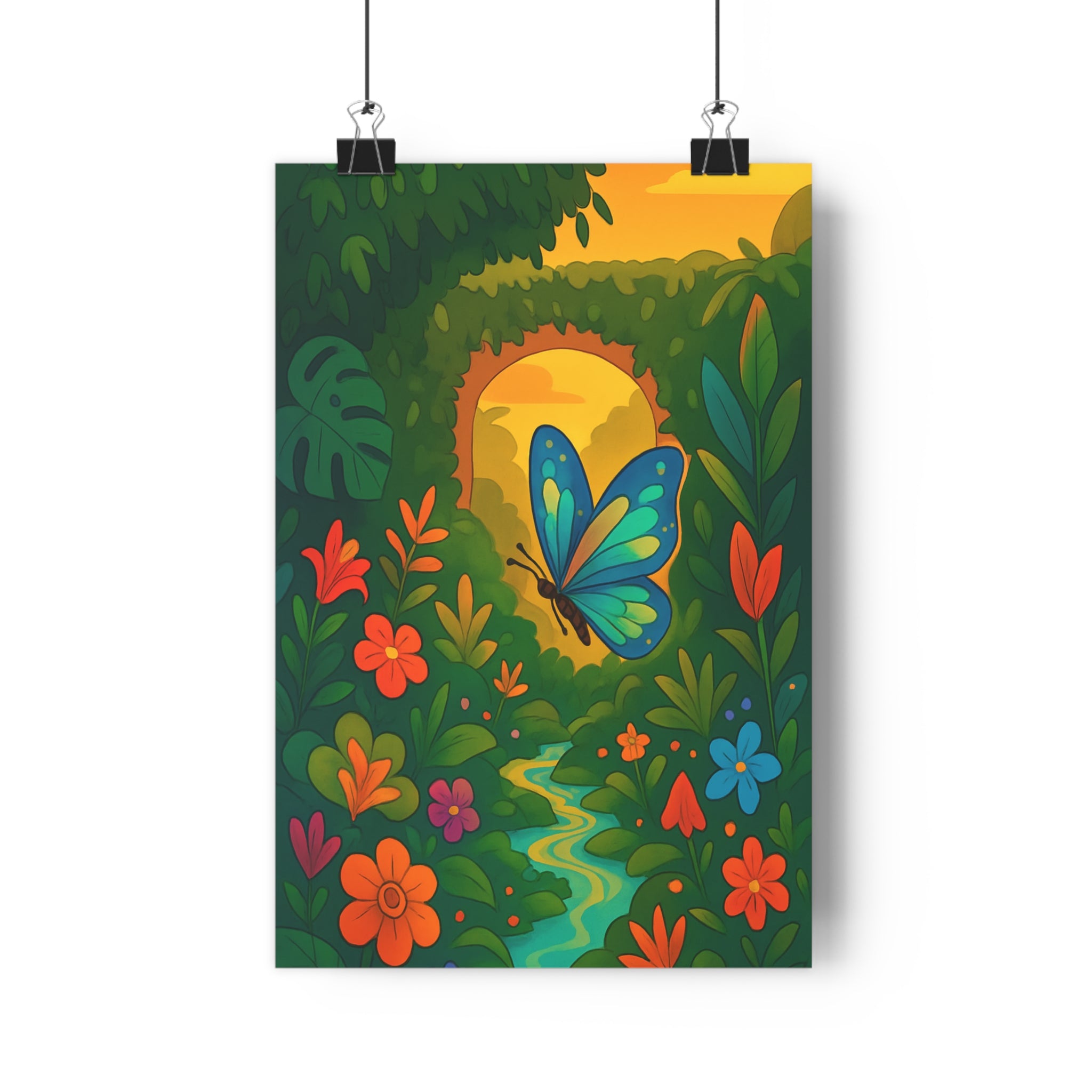 Poster décoratif nature dessin animé bleu vibrant fleurs colorées salon joyeux paysage maison contemporain