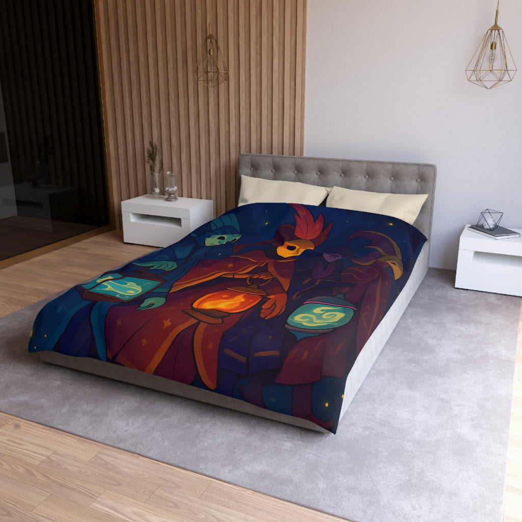 Housse de couette mystérieuse avec personnages masqués et lanternes en forêt étoilée