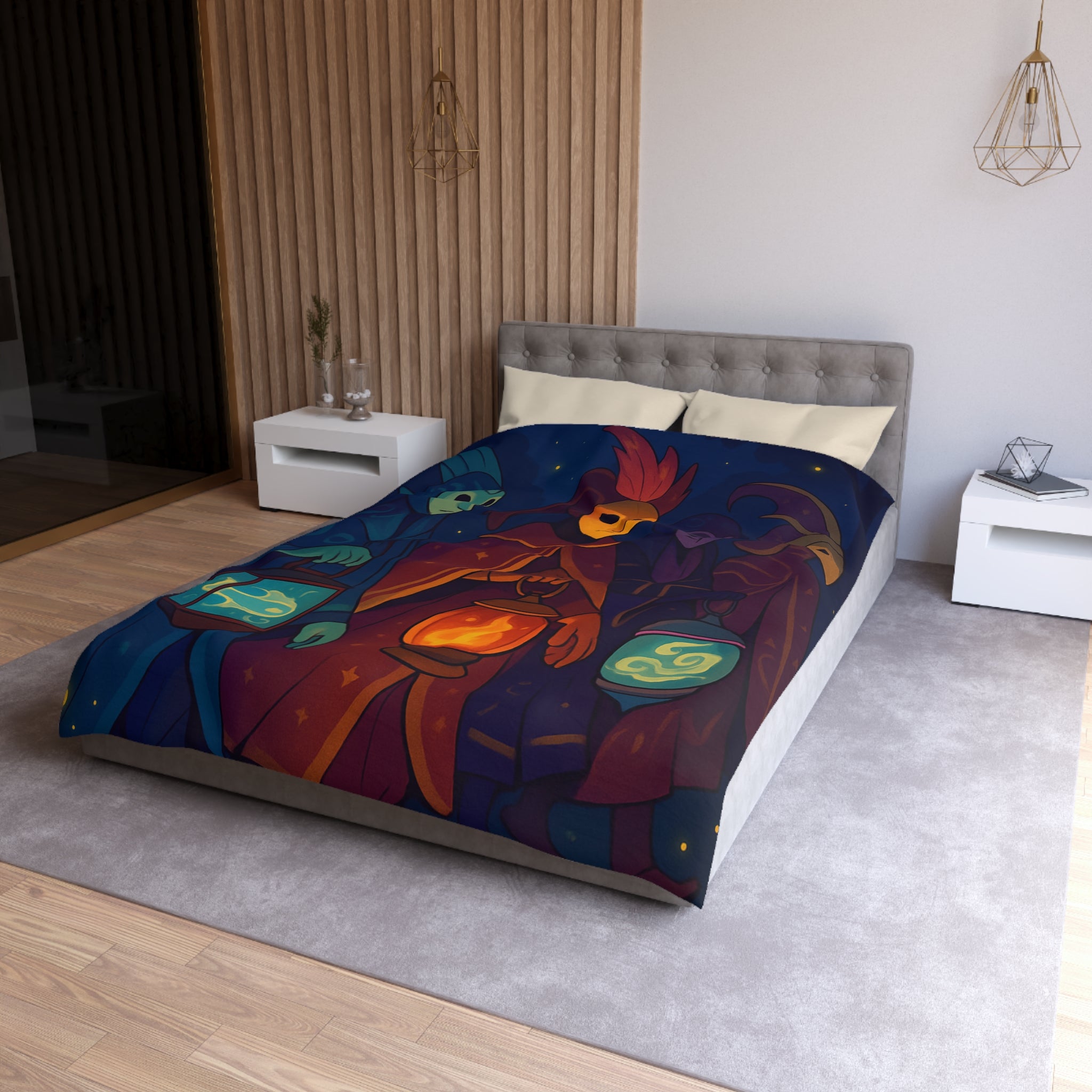 Housse de couette mystérieuse avec personnages masqués et lanternes en forêt étoilée