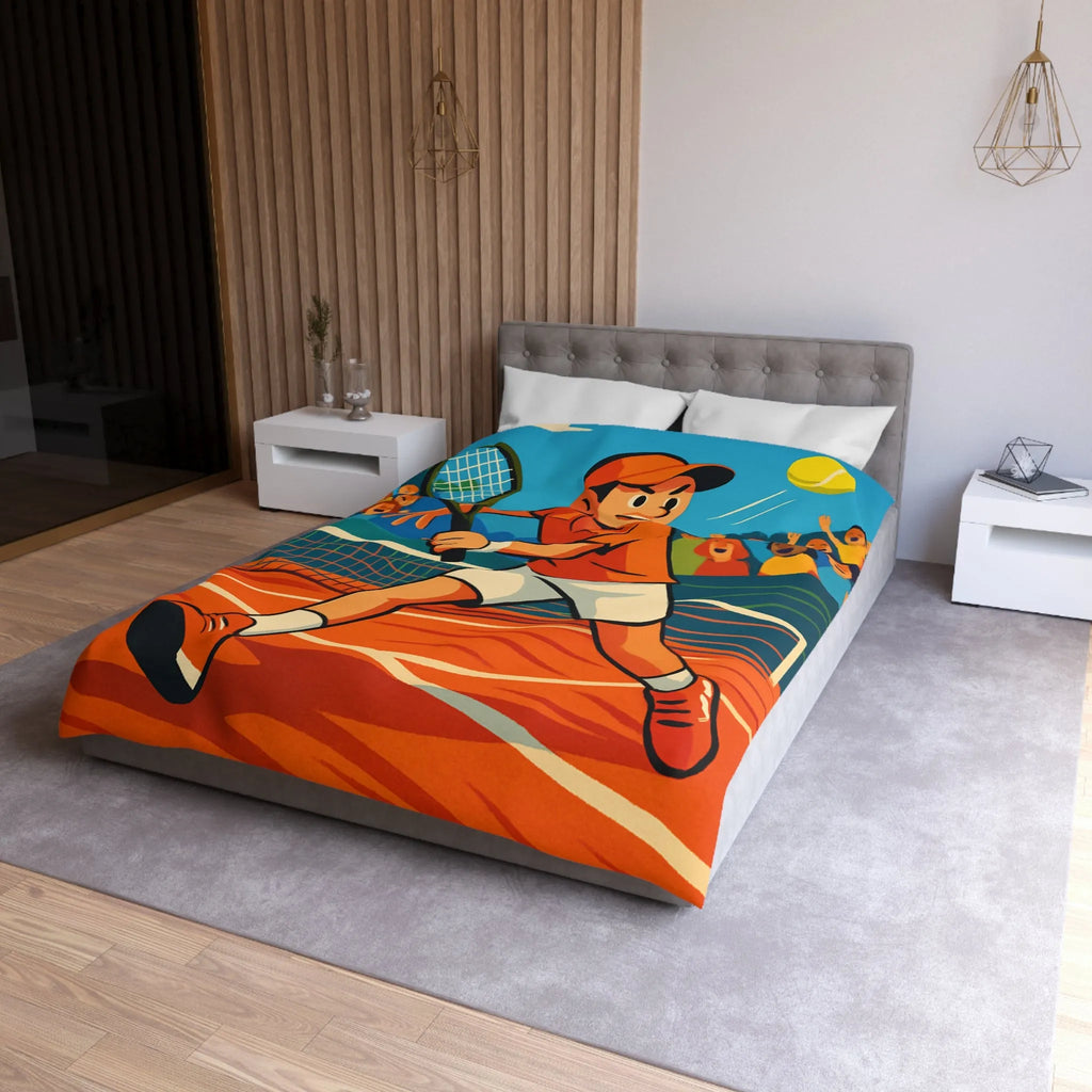 Dessin Animé Joueur de Tennis Dynamique en Action sur Court avec Public Enthousiaste