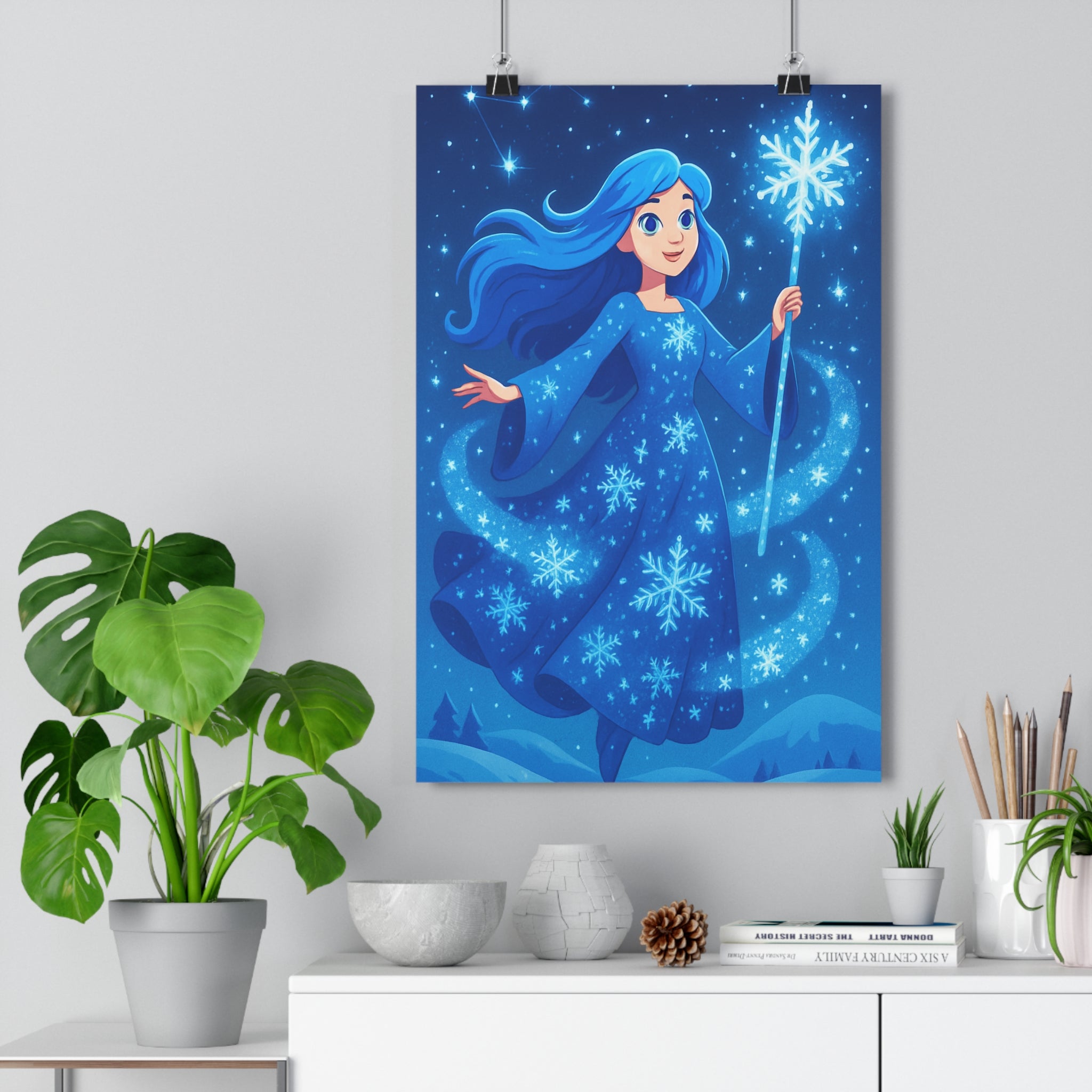 Poster décoratif anime bleu mystique enchanteresse hiver chambre apaisante flocons cristal magique 30x46 qualité