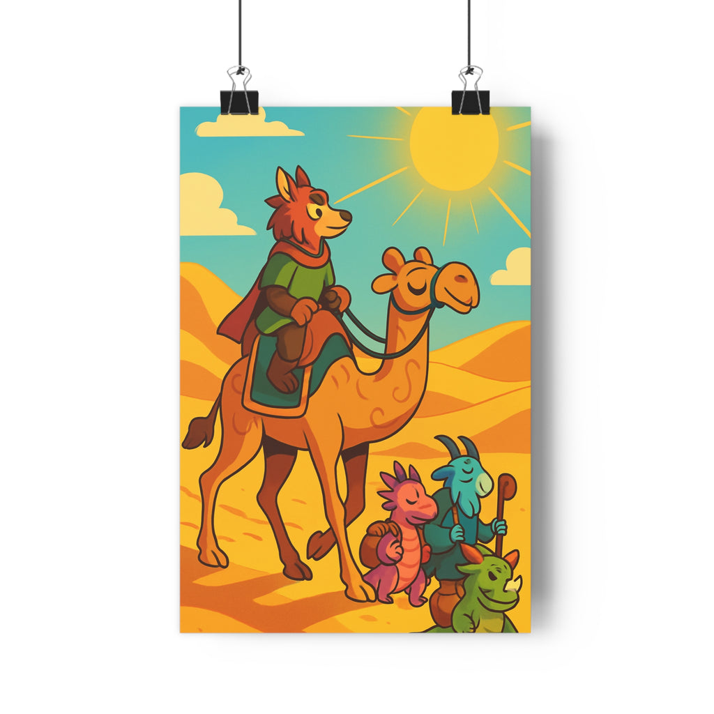 Poster décoratif enfant aventure désert coloré bleu joyeux cartoon chambre créature animalier lumineux artistique