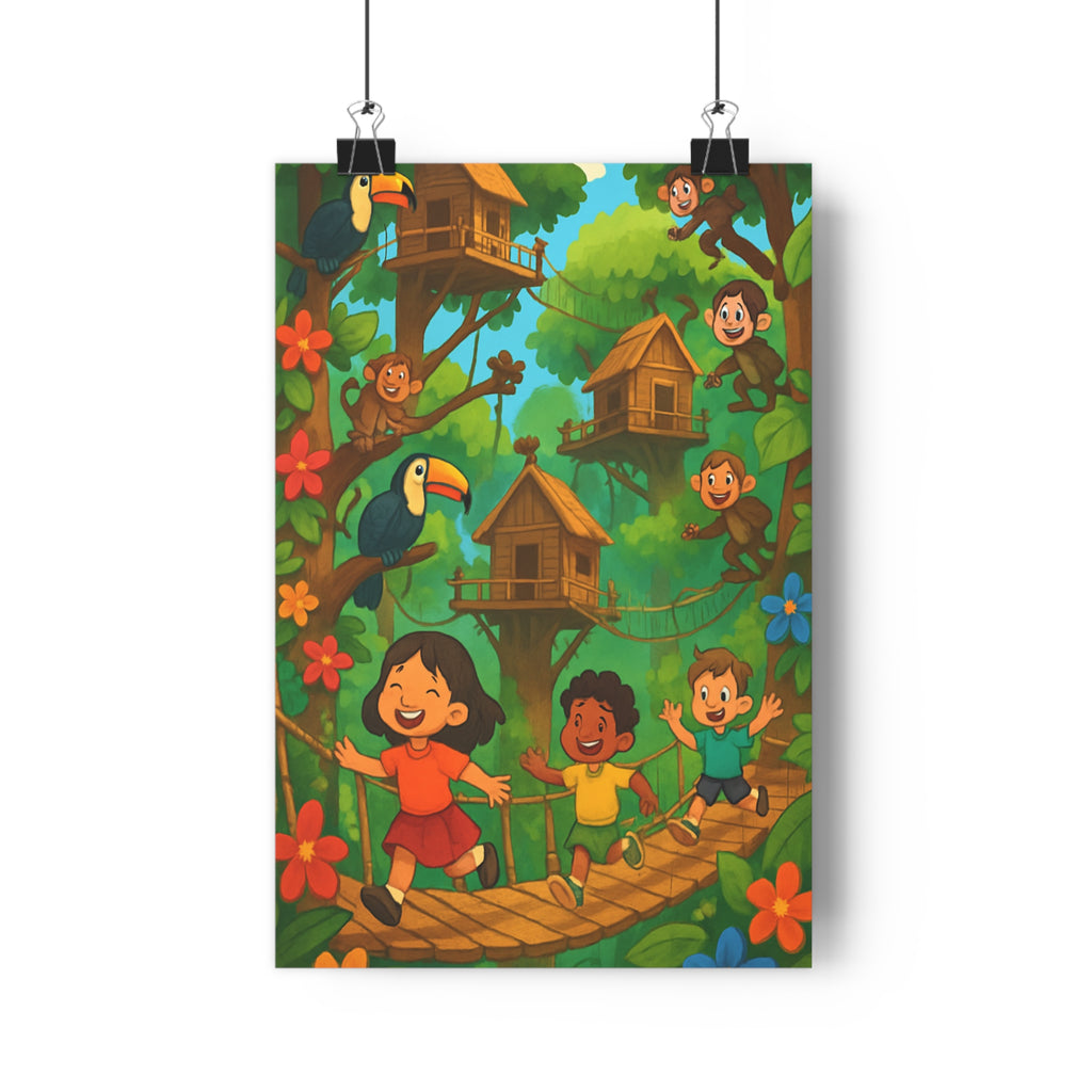Poster décoratif cartoon forêt amazonienne enfants joyeux animaux colorés chambre ludique vibrant unique rêveur