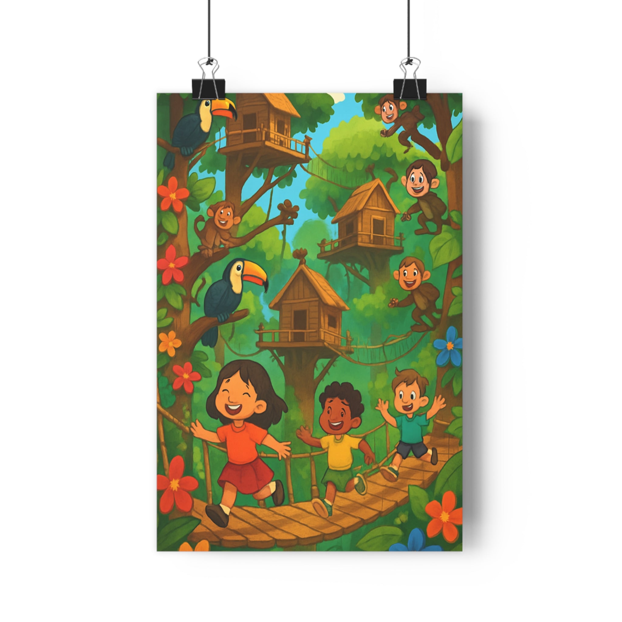 Poster décoratif cartoon forêt amazonienne enfants joyeux animaux colorés chambre ludique vibrant unique rêveur