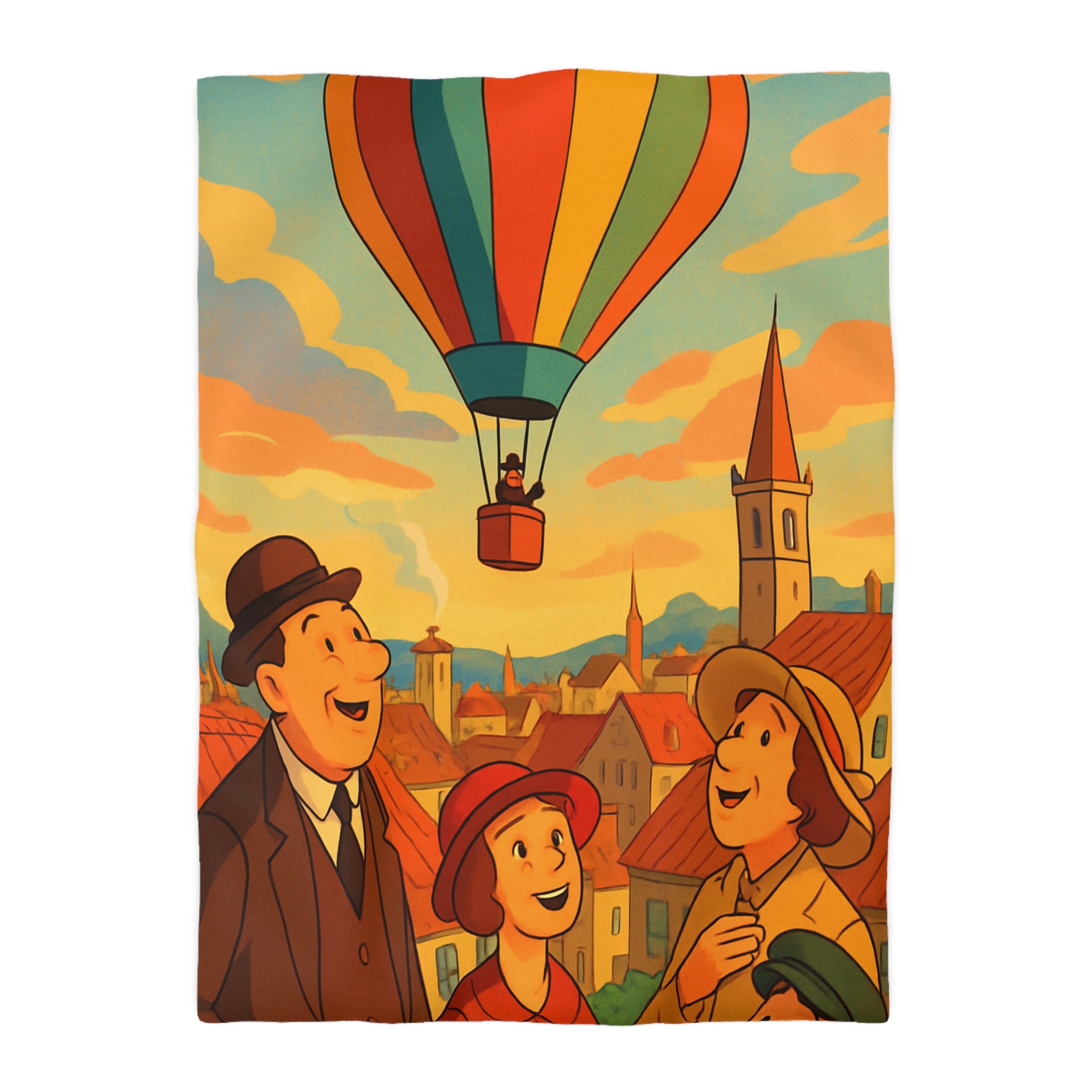 Housse de couette vintage avec montgolfière colorée et paysage urbain animé