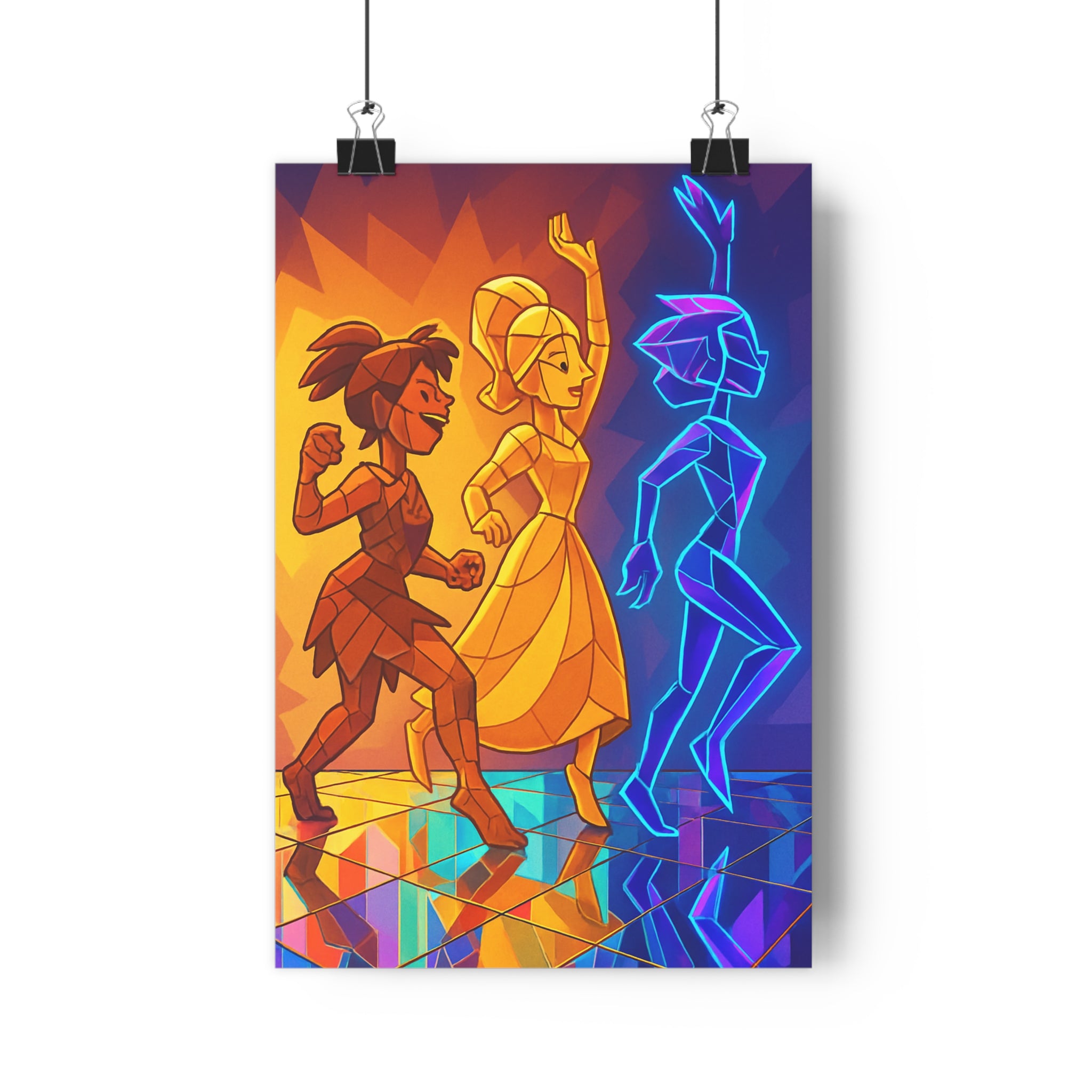 Poster décoratif moderne vitrail artistique bleu orange jaune salon bureau dynamique éthéré stylisé figures