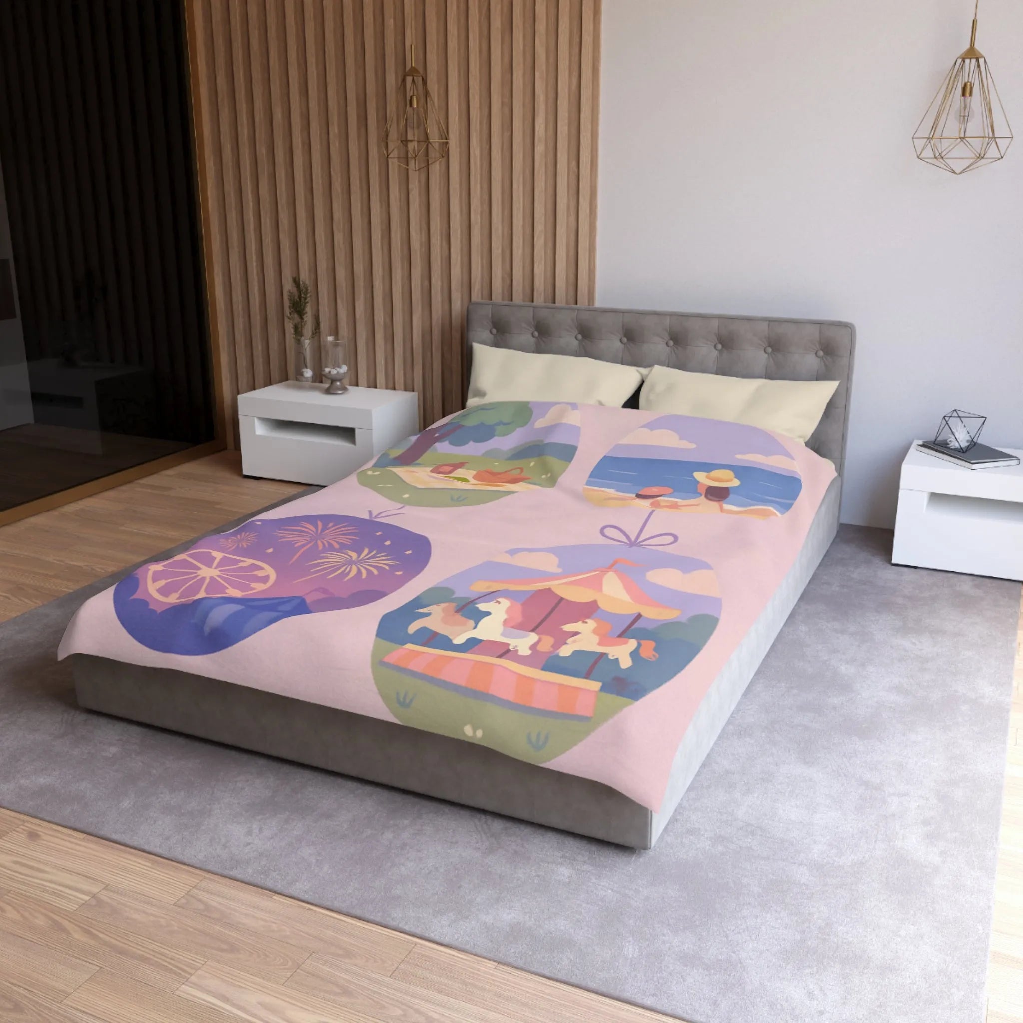 Douce Housse de Couette avec Scènes de Nature et Loisir Pastel Évoquant Sérénité