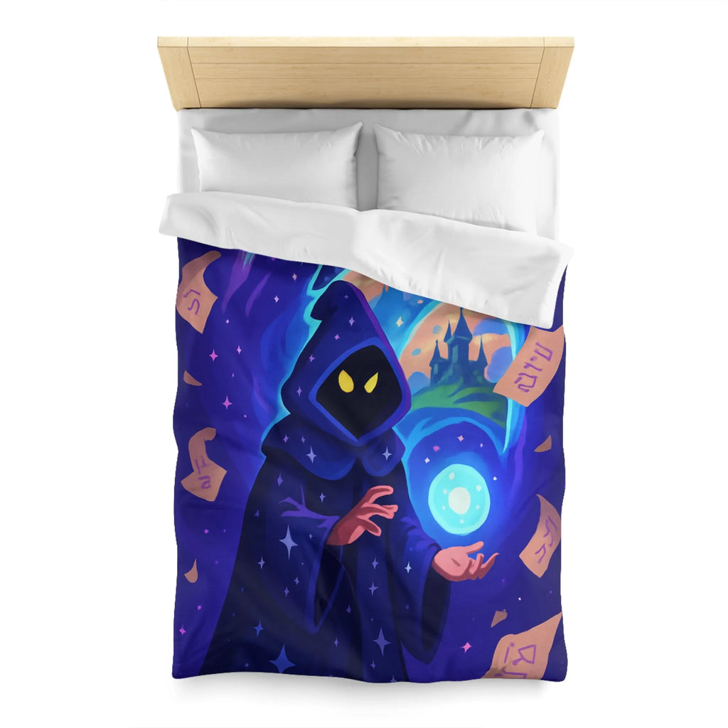 Housse de couette magique bleu nuit avec sorcier et château fantastique étoilé mystérieux