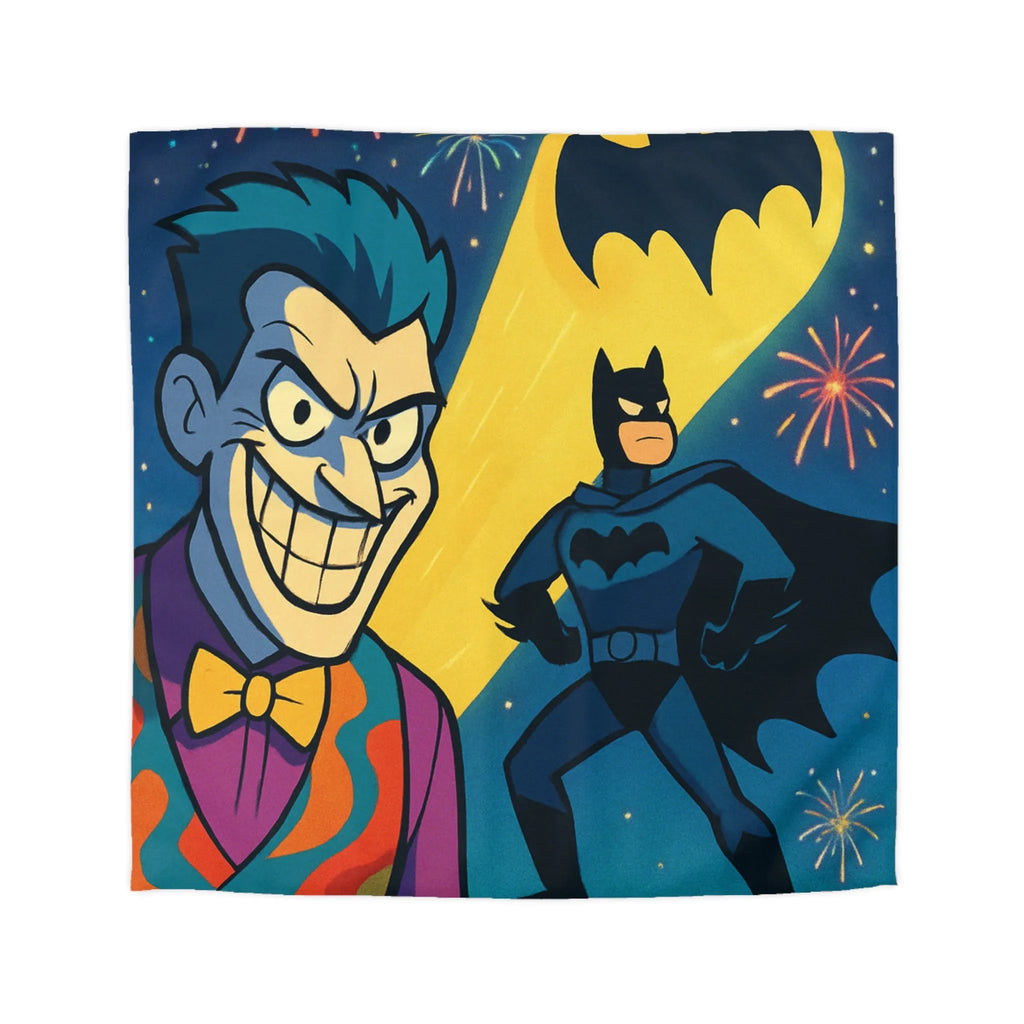 Housse de couette avec justicier nocturne et clown espiègle devant feux d'artifice colorés
