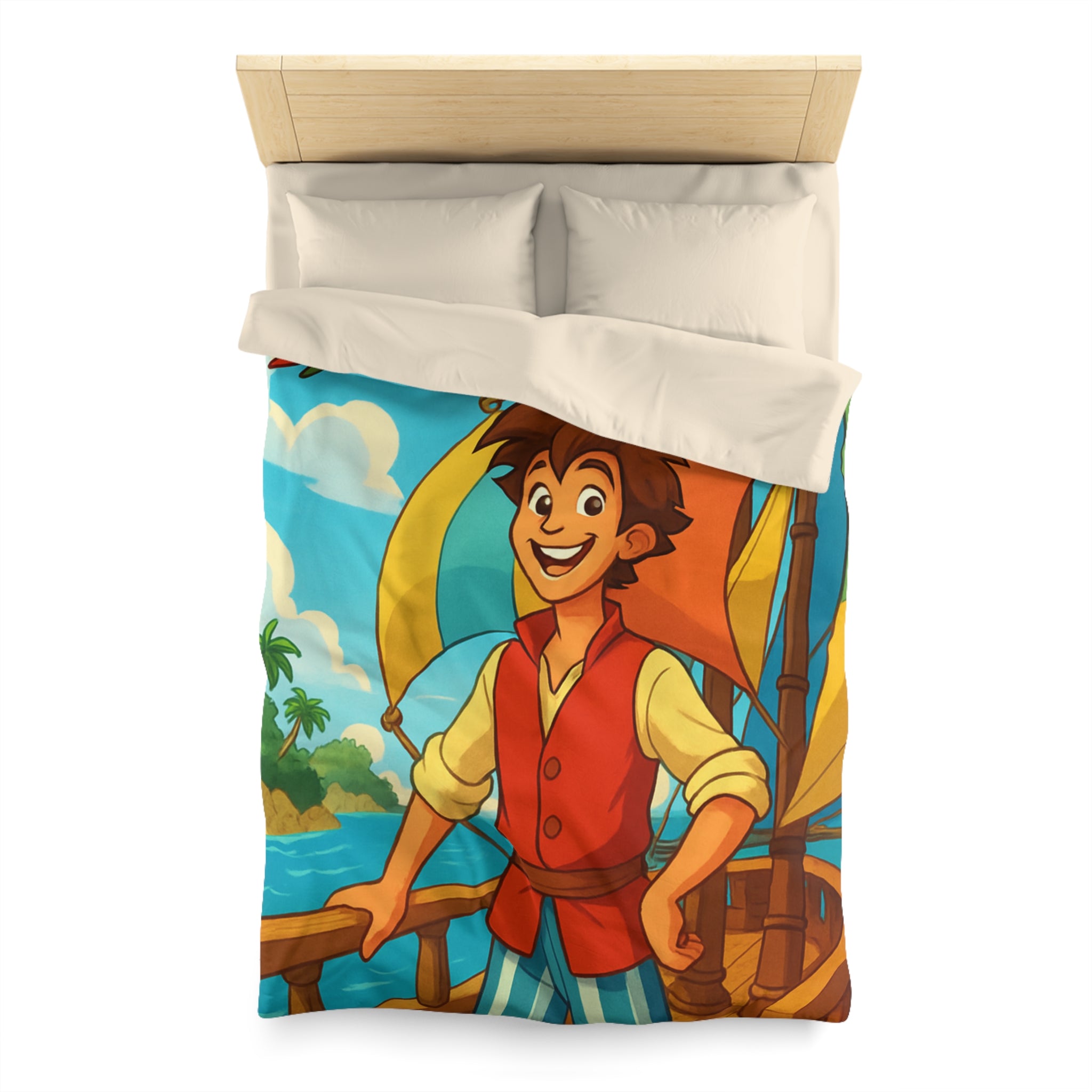 Housse de Couette Pirate Aventure Enfant avec Perroquet et Bateau Coloré Océan
