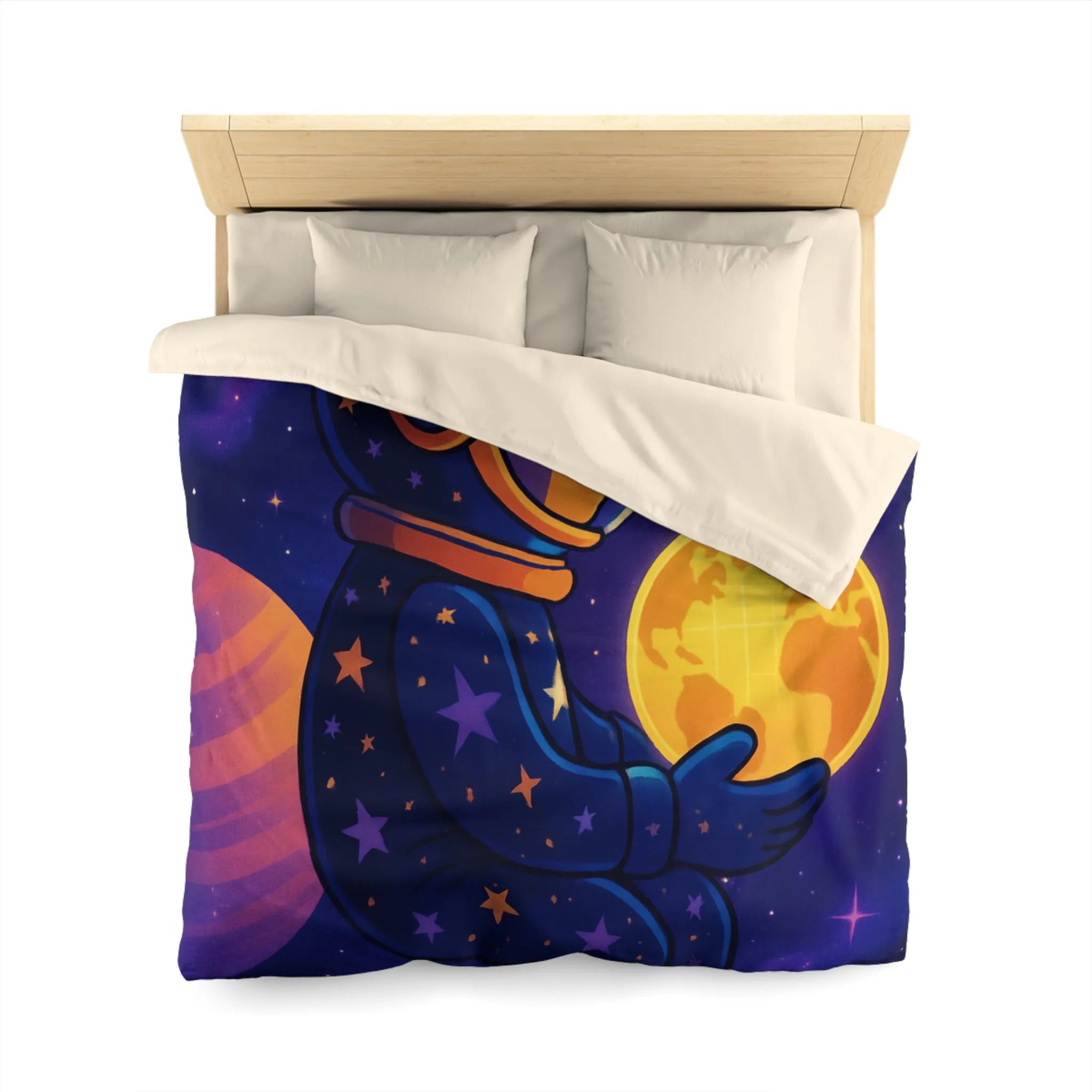 Housse de couette cosmos enfantine avec astronaute rêveur tenant une planète lumineuse