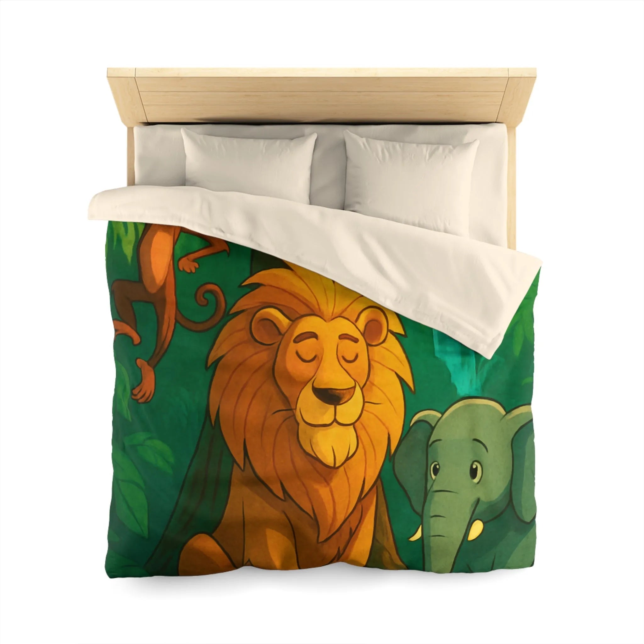 Housse de Couette Jungle Enchantée avec Lion, Singe, Éléphant et Chute d’Eau Magique
