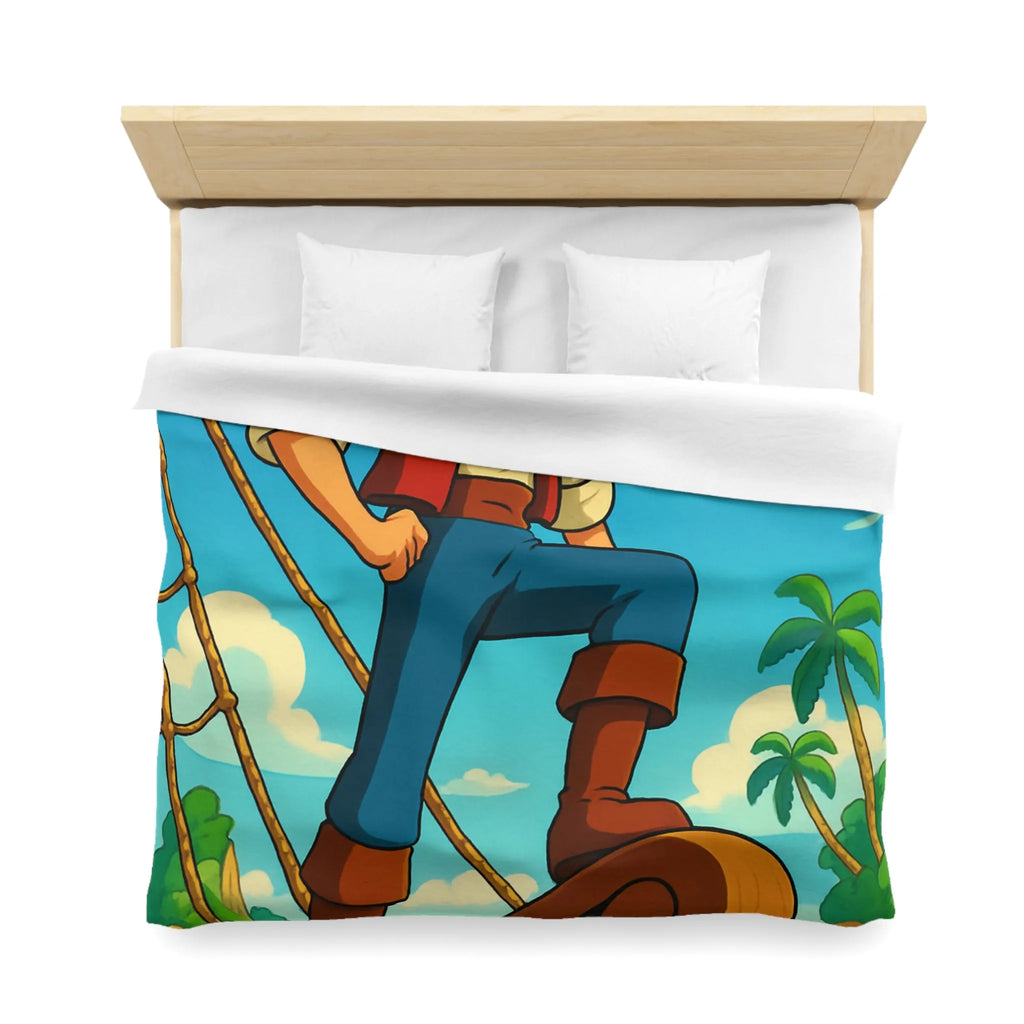 Housse de couette avec illustration de marin aventurier naviguant parmi palmiers et mer azur