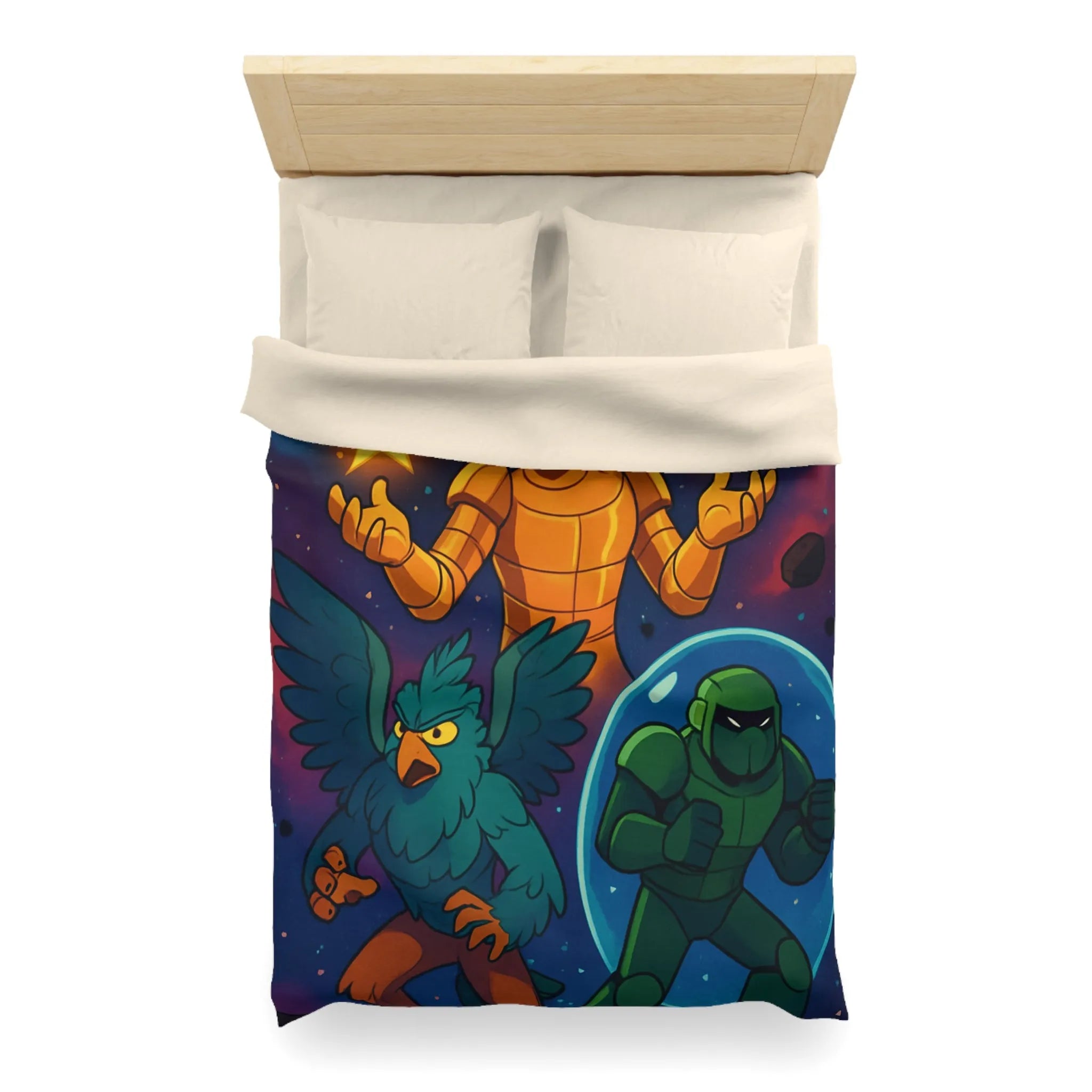 Housse de couette colorée avec personnages fantastiques: héros flamboyant, créature ailée, soldat galactique