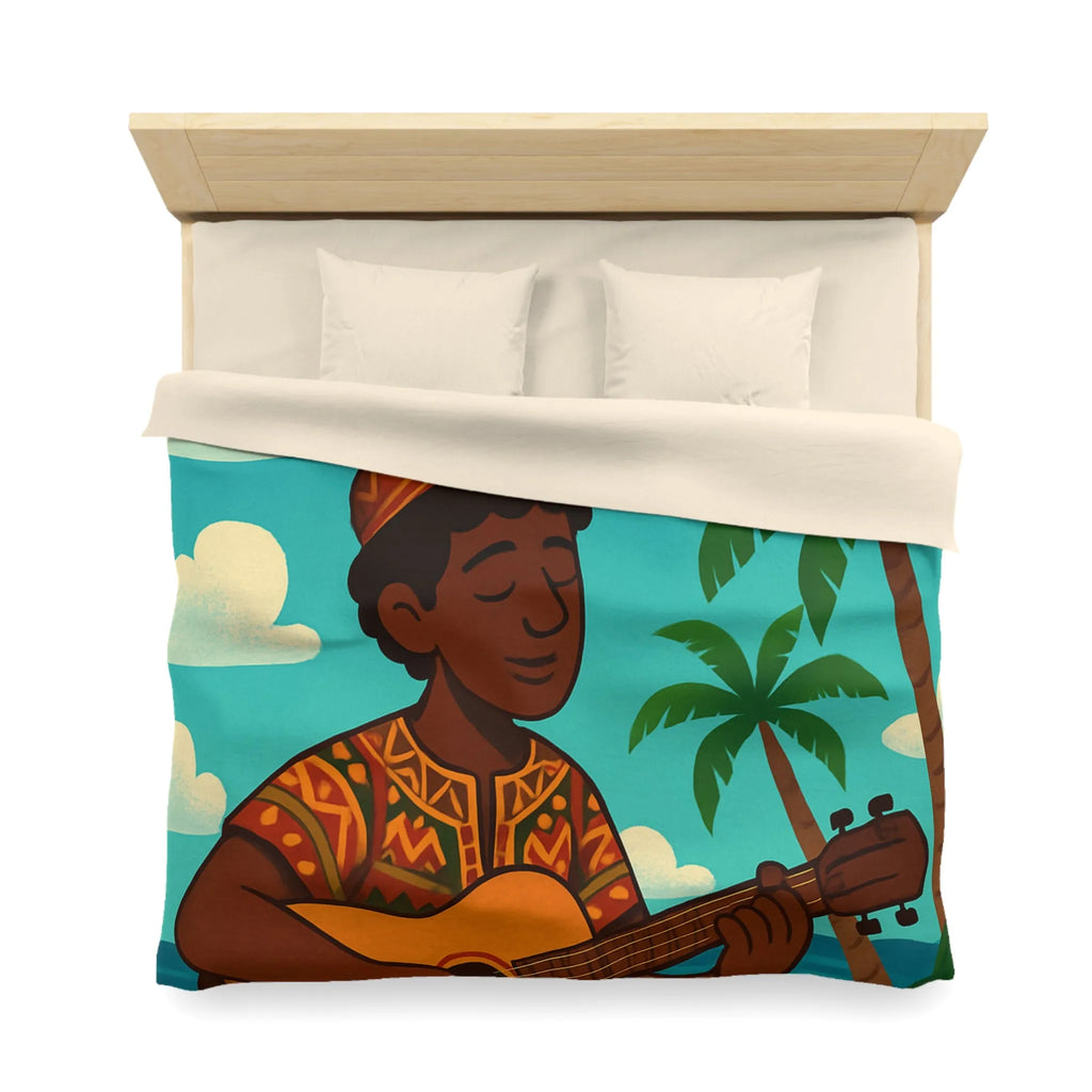 Housse de couette illustrée avec musicien joyeux sous les palmiers en bord de mer