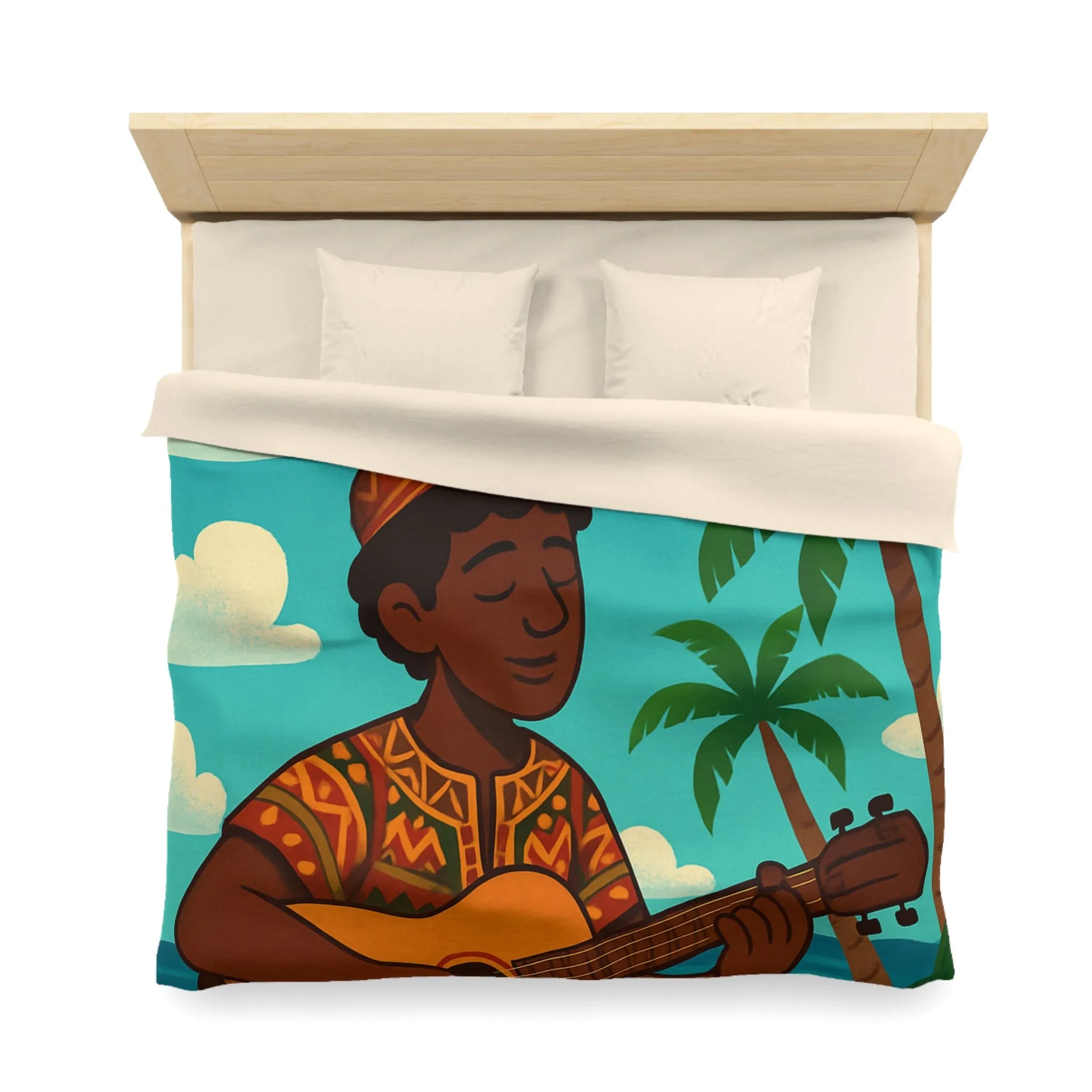 Housse de couette illustrée avec musicien joyeux sous les palmiers en bord de mer