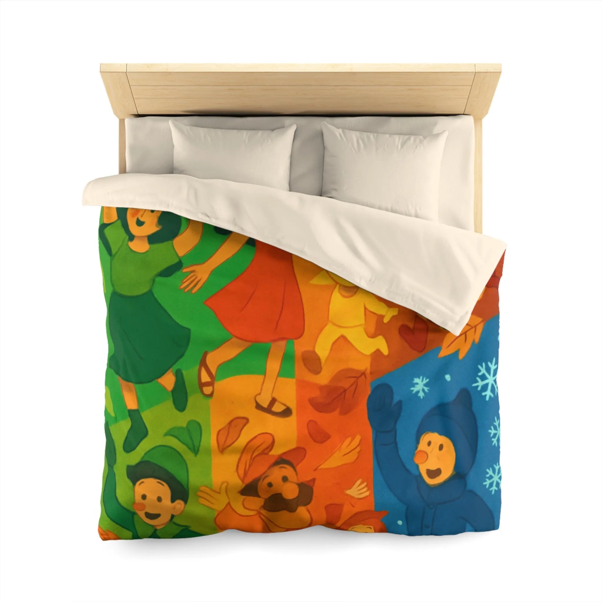 Housse de couette colorée illustrant les quatre saisons avec personnages joyeux et motifs vibrants