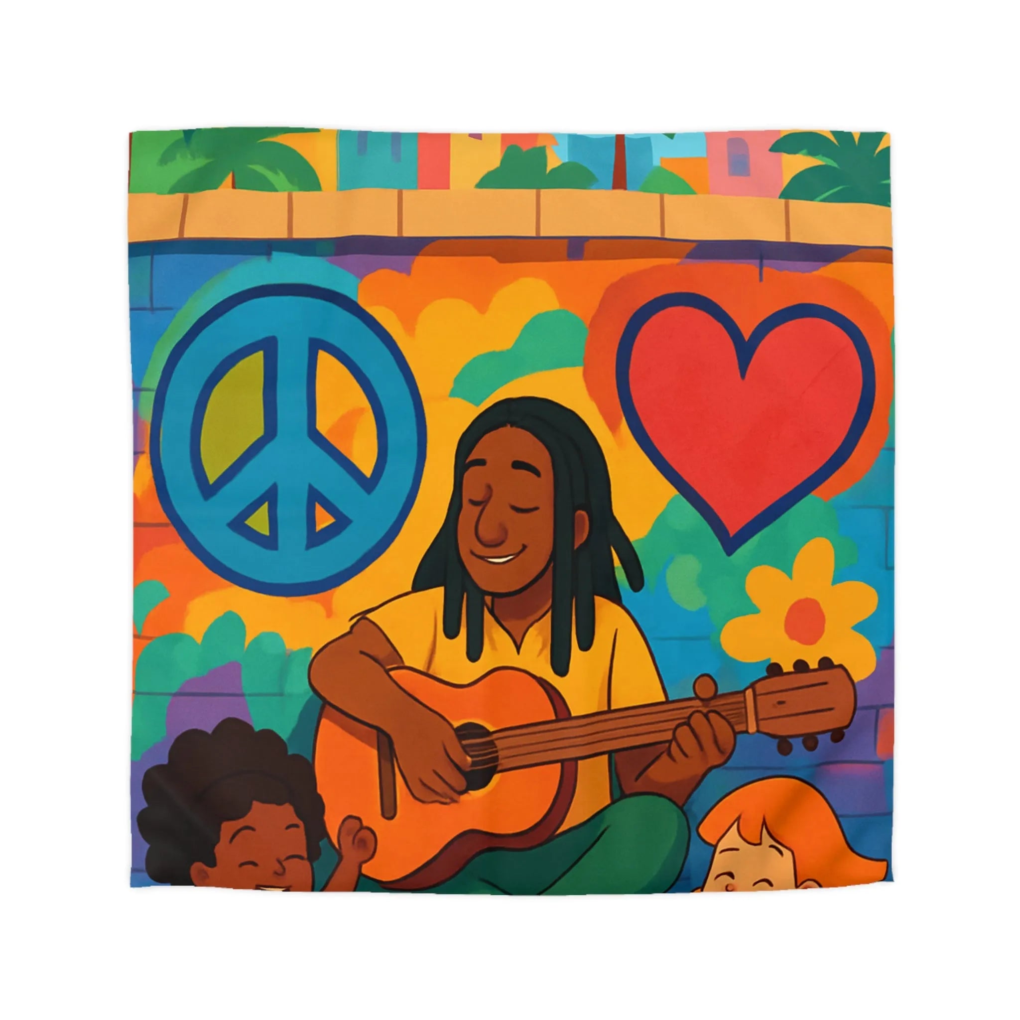 Housse de Couette Colorée avec Musicien Jouant de la Guitare pour Enfants Heureux