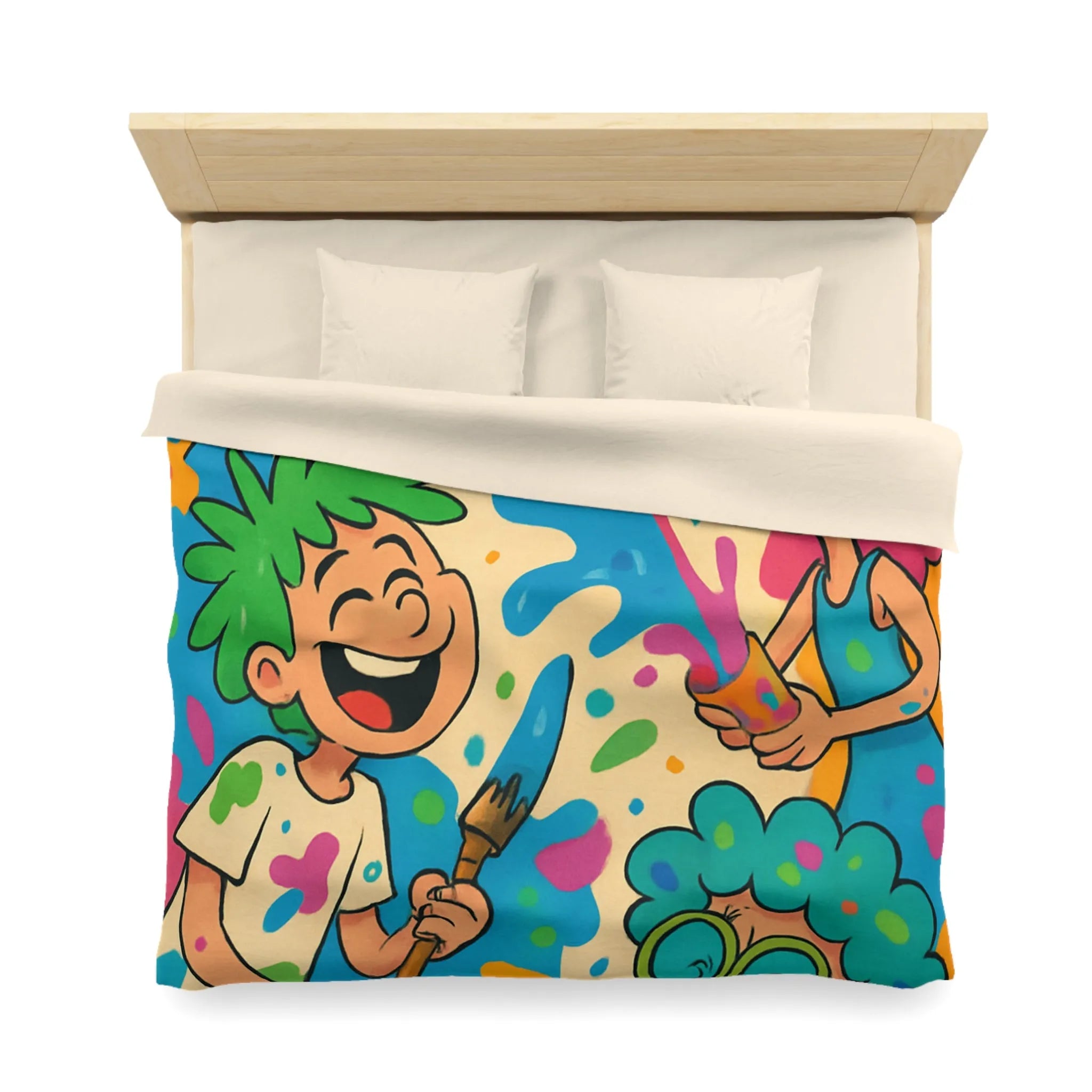 Housse de couette colorée pour enfants avec personnages joyeux et éclaboussures de peinture