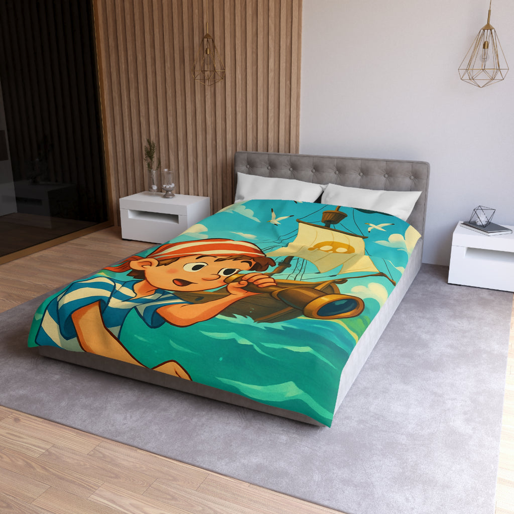 Housse de Couette Pirate Enfantine avec Bateau et Jumelles pour Chambre Aventure
