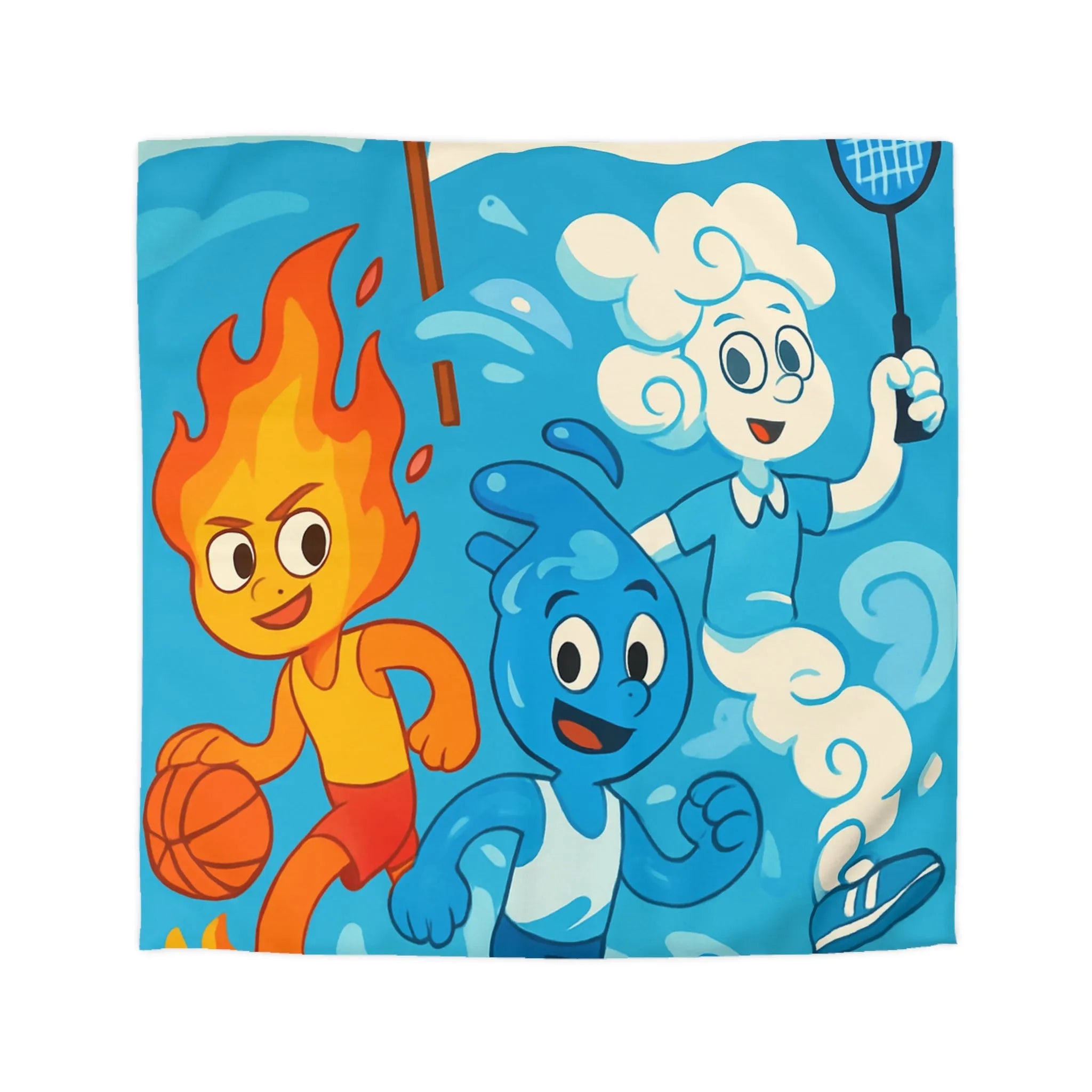 Housse de couette colorée avec motifs d’éléments sportifs et symbole de paix