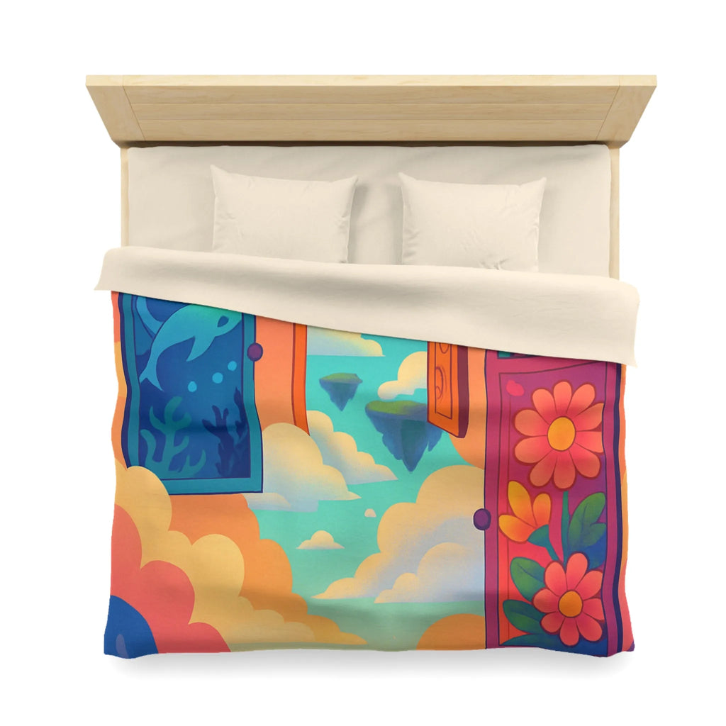 Housse de couette colorée avec trois portes magiques et paysages oniriques enchanteurs