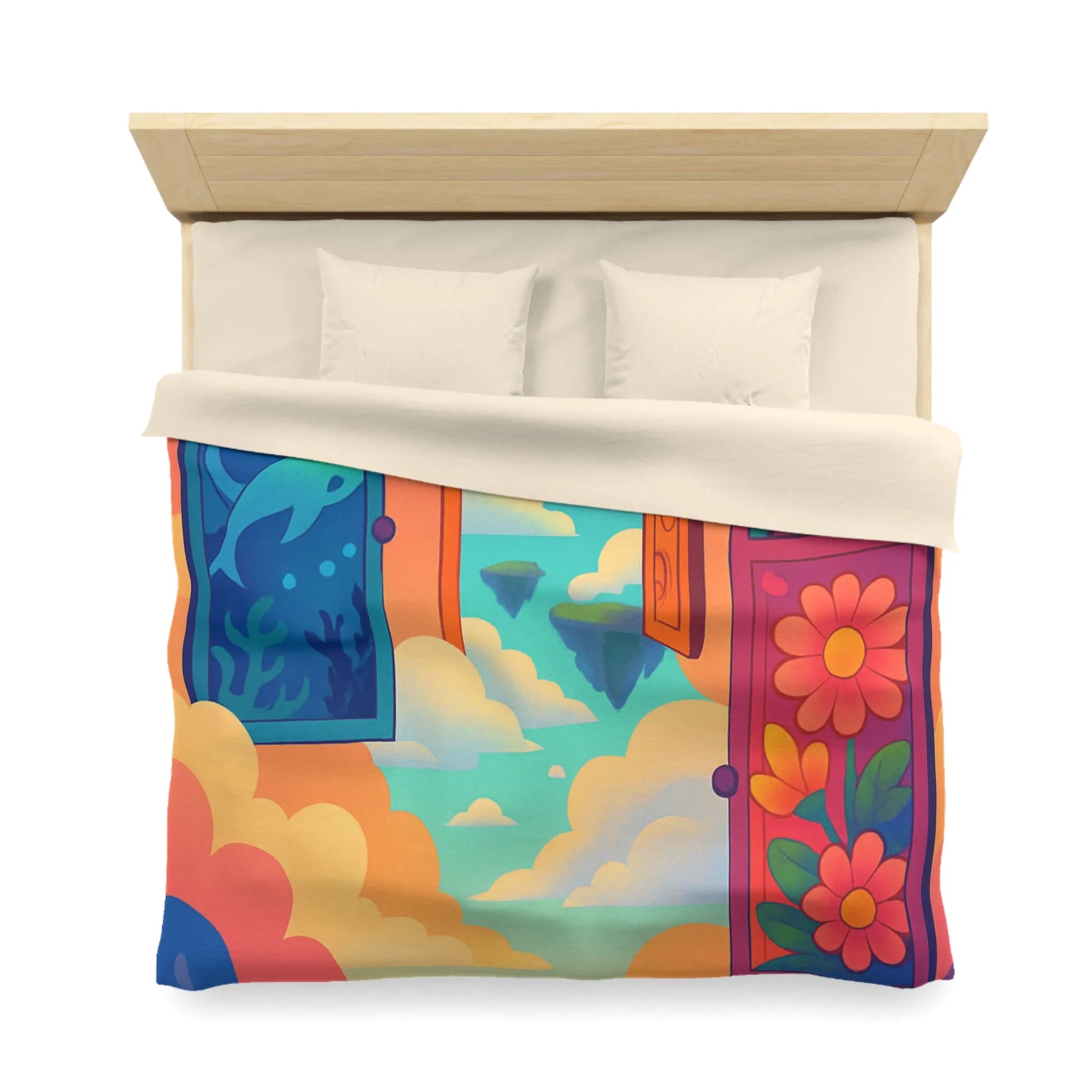 Housse de couette colorée avec trois portes magiques et paysages oniriques enchanteurs