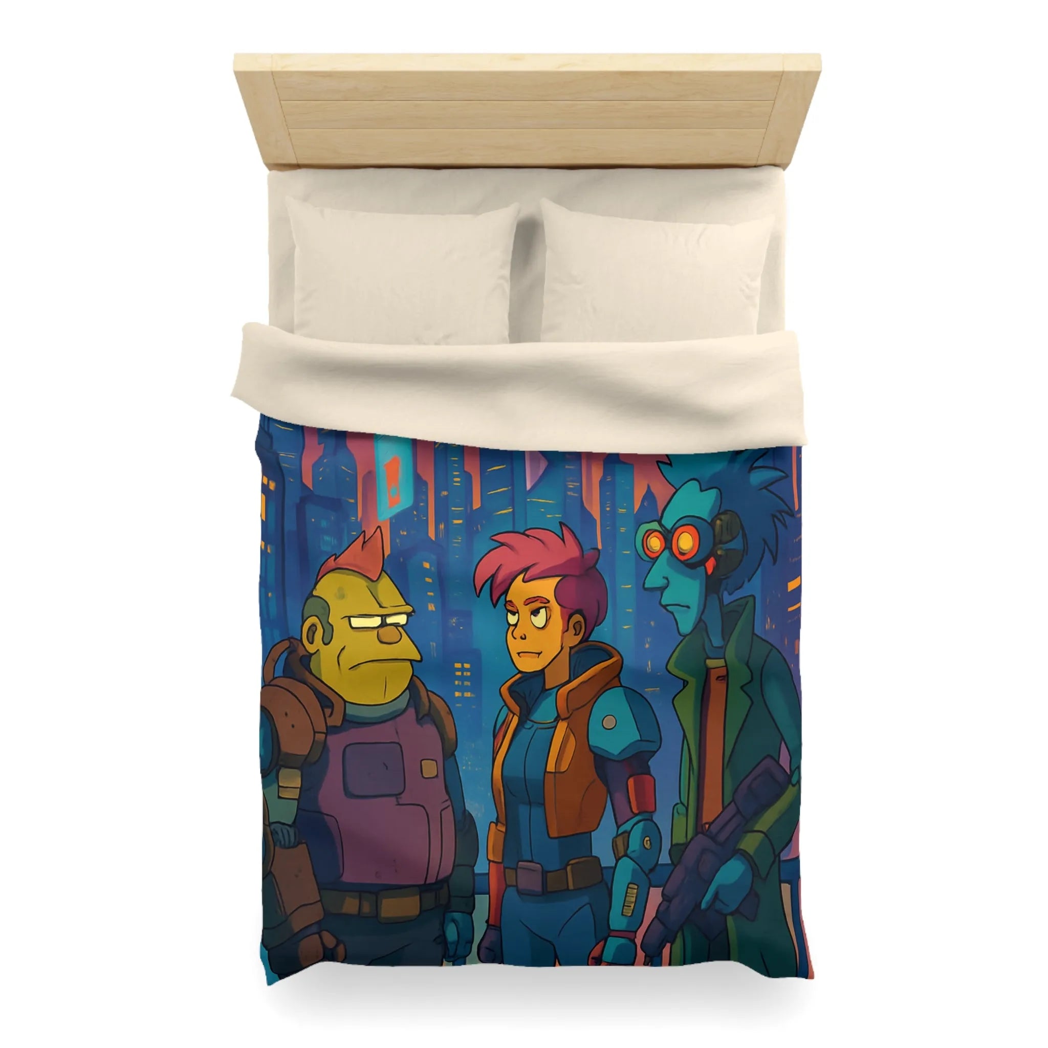 Housse de couette futuriste néon, personnages de science-fiction devant une ville cyberpunk