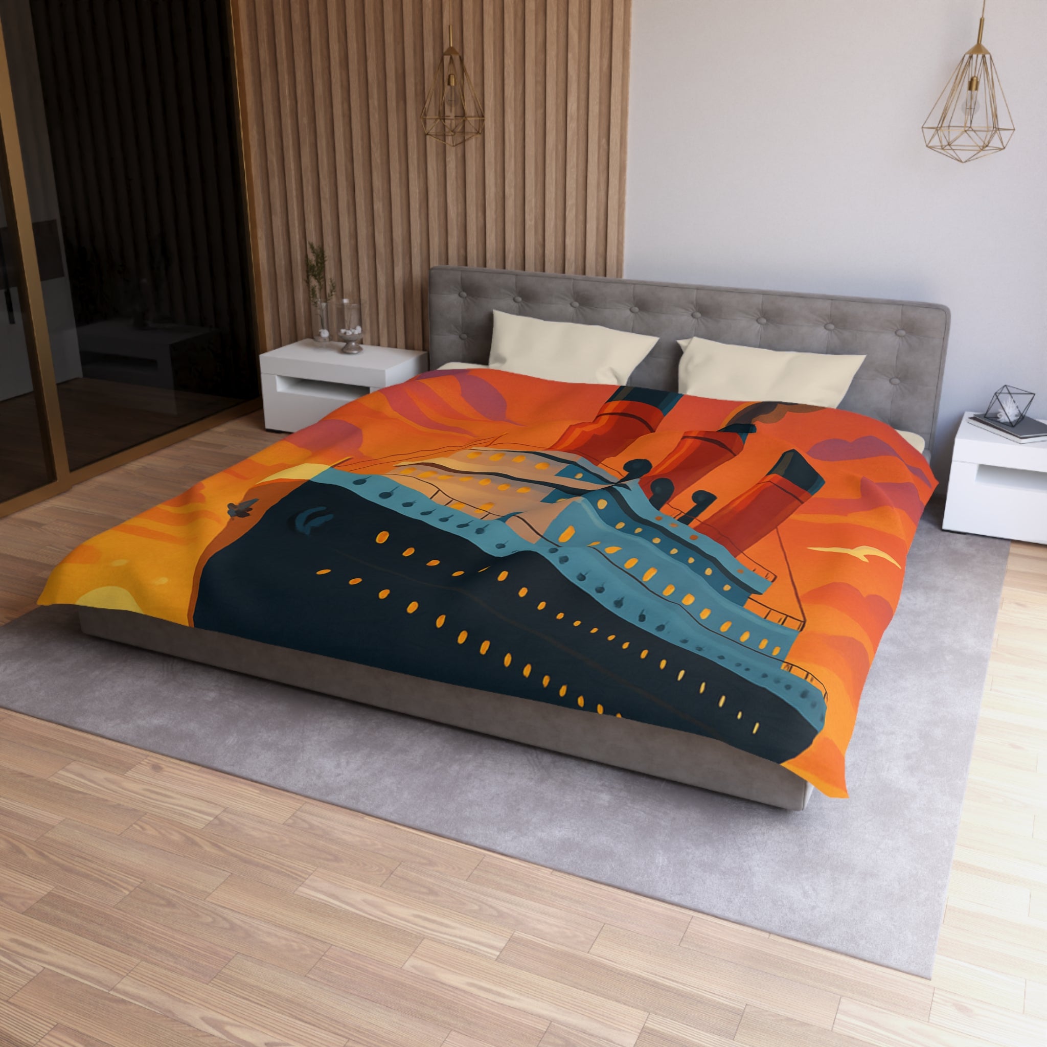 Superbe housse de couette avec paquebot vintage sous un coucher de soleil flamboyant