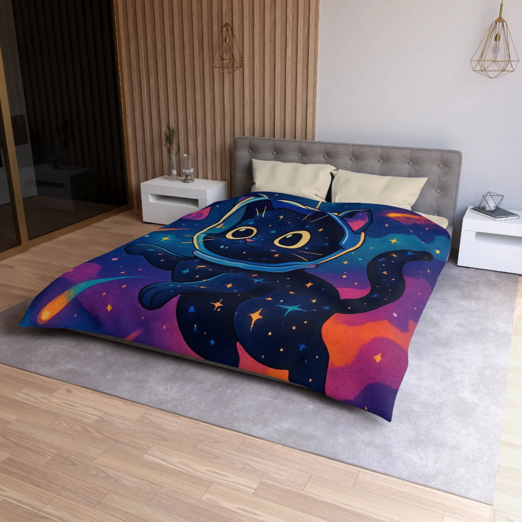 Housse de couette chat cosmique dans l’espace avec étoiles et planètes colorées