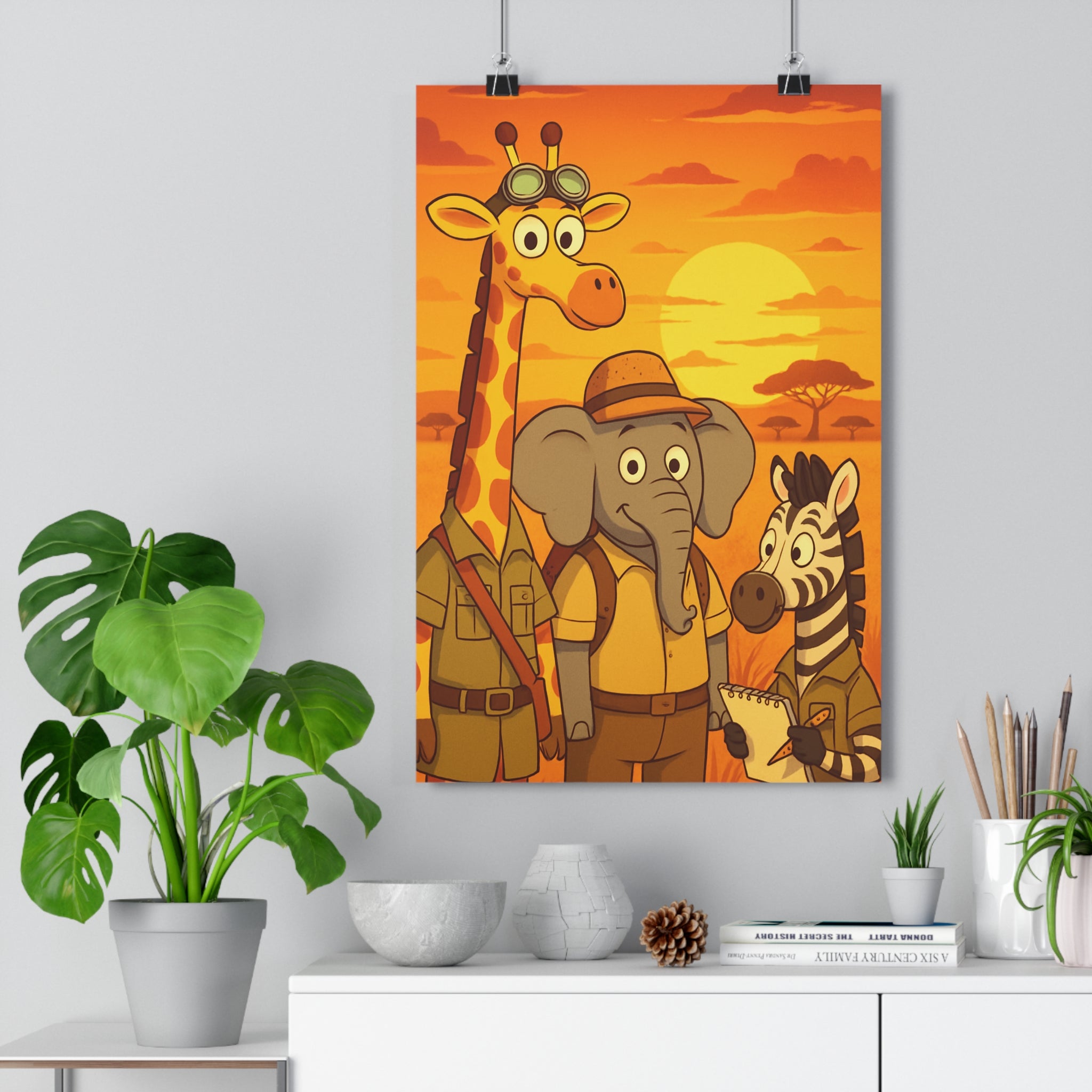 Poster décoratif cartoon enfant safari girafe éléphant zèbre joyeux chambre couleurs chaudes 30x46 cm