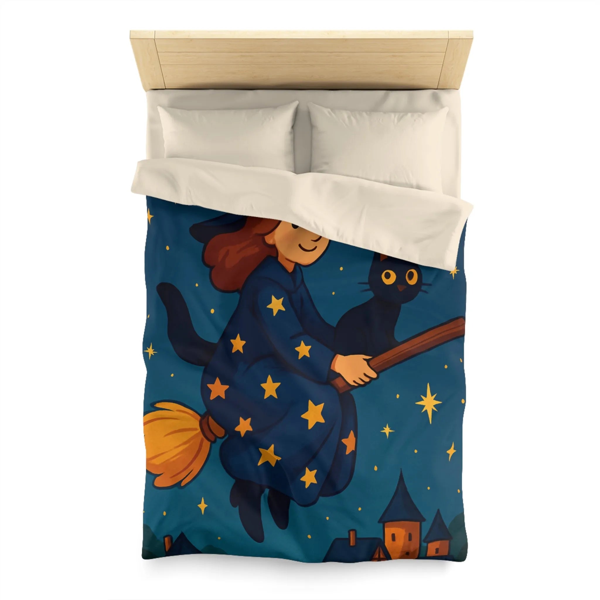 Housse de Couette Enfant Fantaisie Sorcière et Chat Noir sur Balai Nocturne