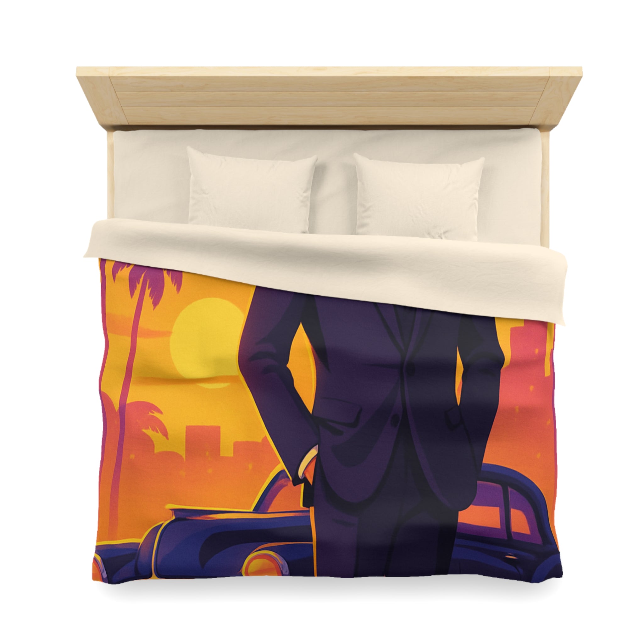 Housse de couette vintage avec homme élégant devant voiture classique au coucher du soleil