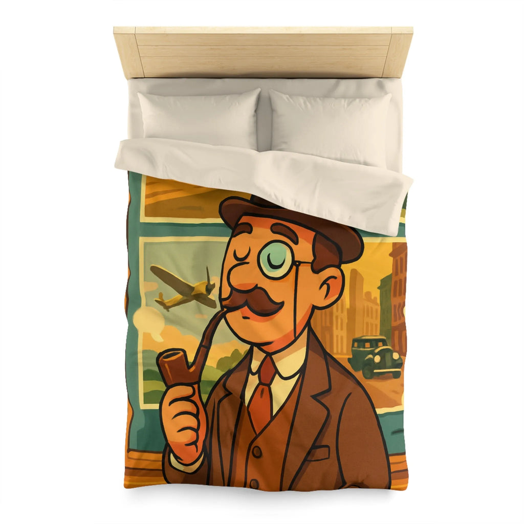 Élégant Gentleman Vintage avec Moustache et Monocle devant Affiches de Voiture et Avion