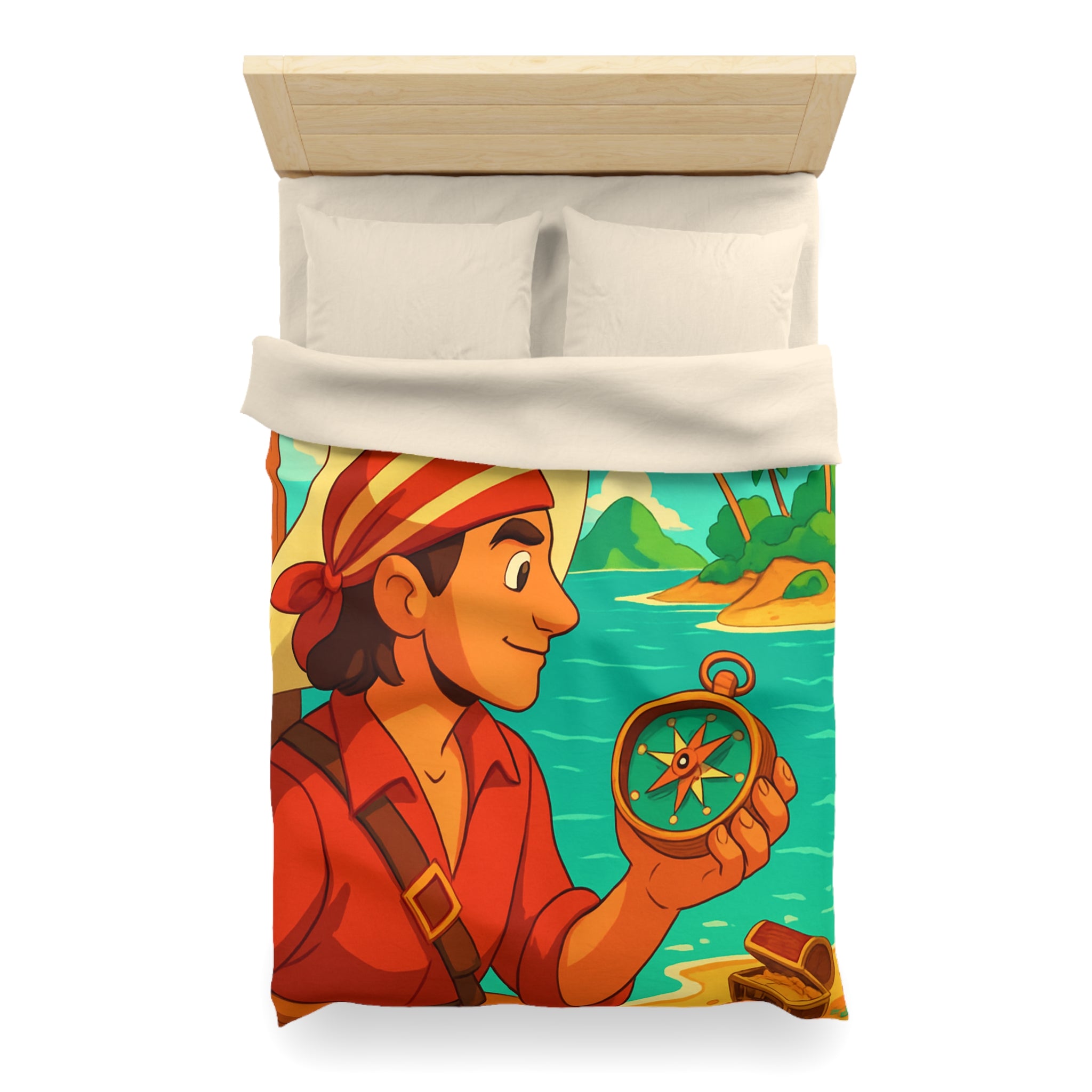 Housse de Couette Pirate Aventure avec Boussole et Trésor Île Ensoleillée
