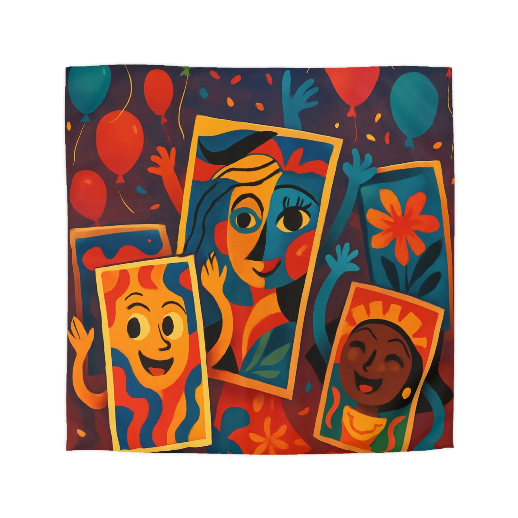 Housse de couette colorée comics avec motifs de fête et personnages joyeux