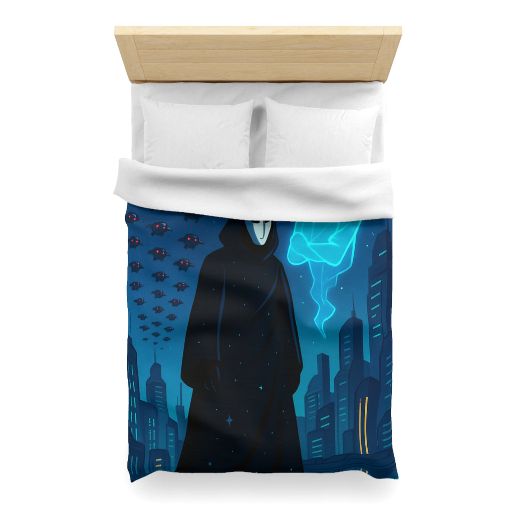Housse de couette spatiale avec figure masquée et paysage urbain futuriste
