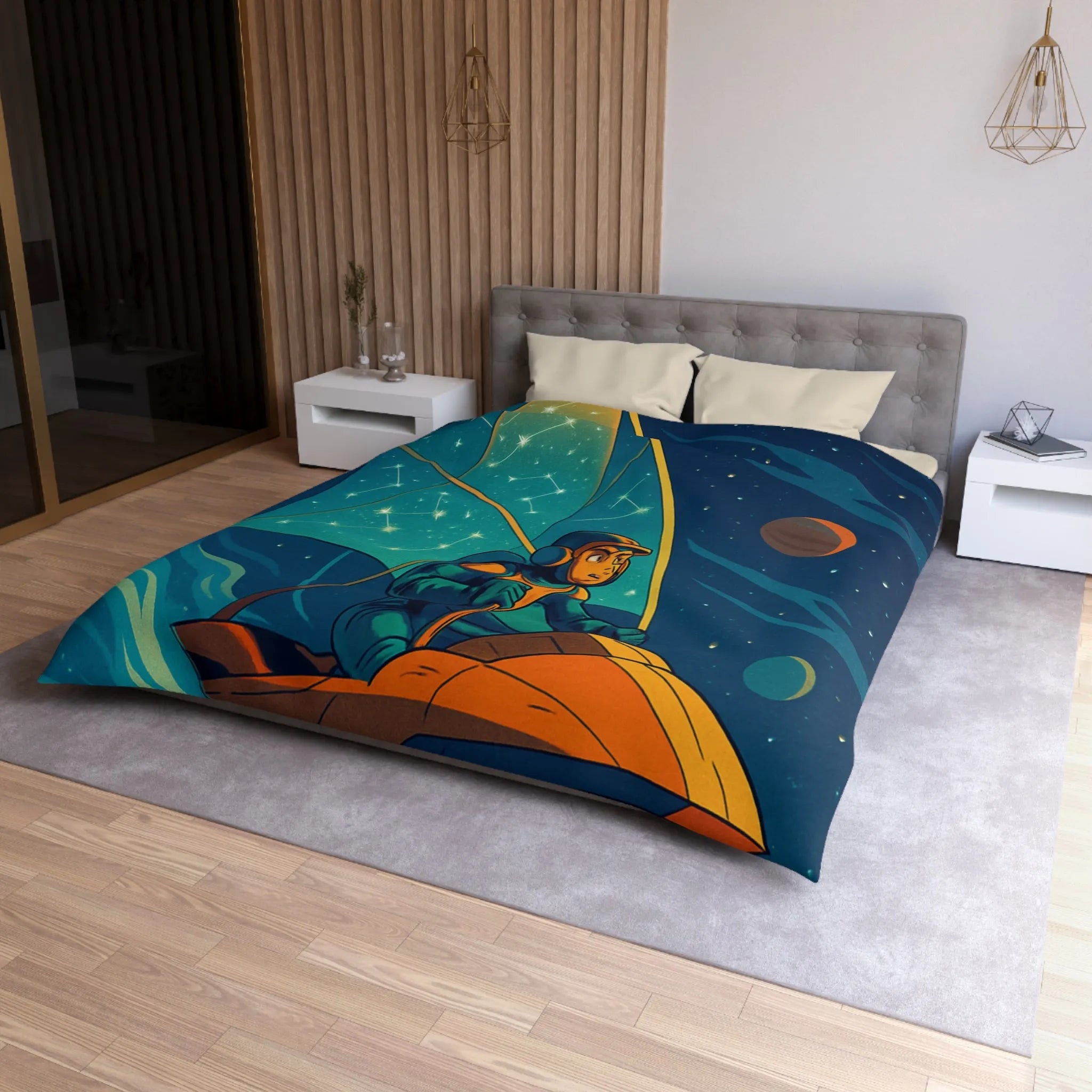 Housse de couette enfant avec cosmonaute naviguant sous la voile céleste étoilée