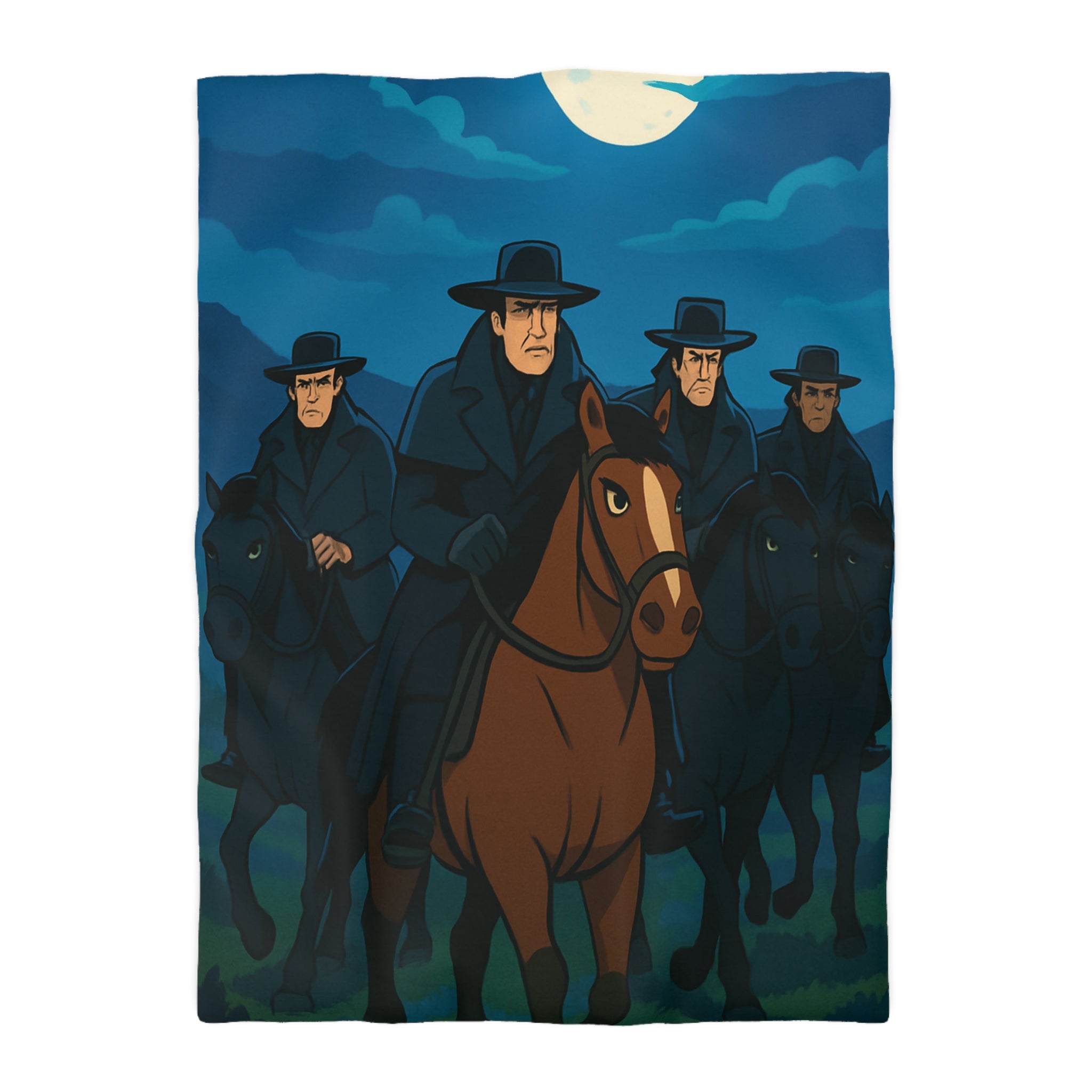 Housse de couette paysage nocturne cavalier sur cheval brun sous lune pleine