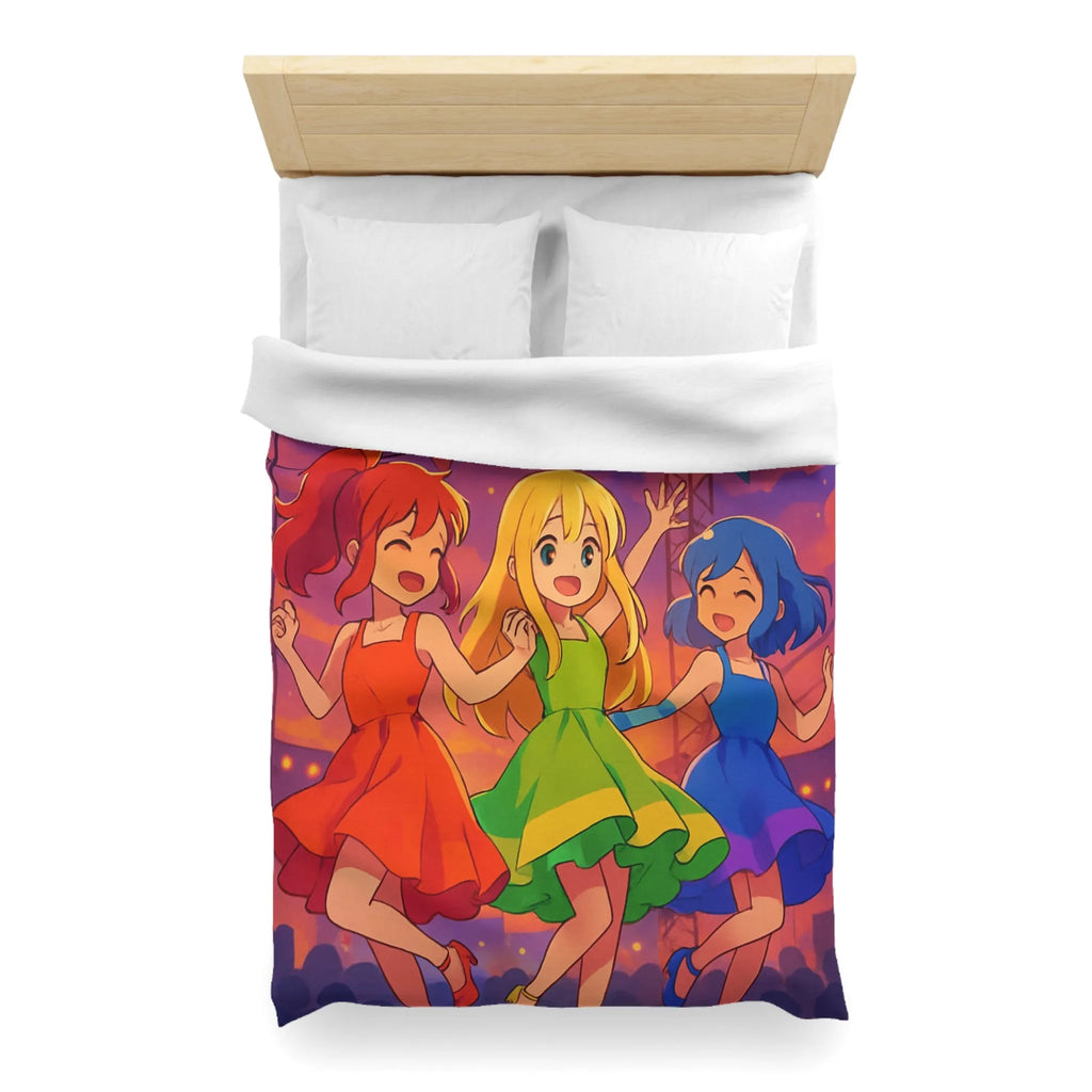 Housse de Couette Colorée avec Trois Amies Dansant sur une Scène Éclairée de Nuit