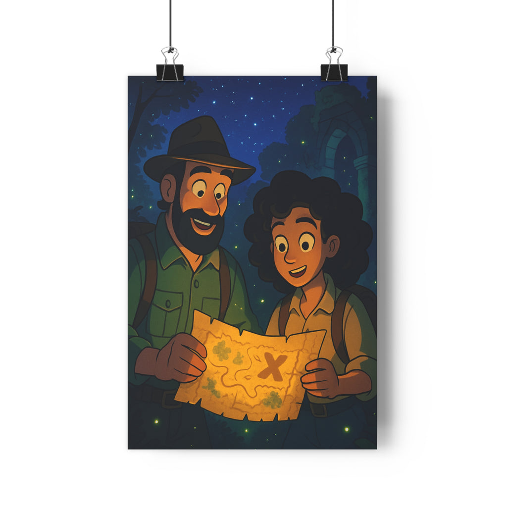 Poster décoratif forêt mystérieuse aventure explorateur curieux cartoon couleurs riches salon chambre bureau qualité