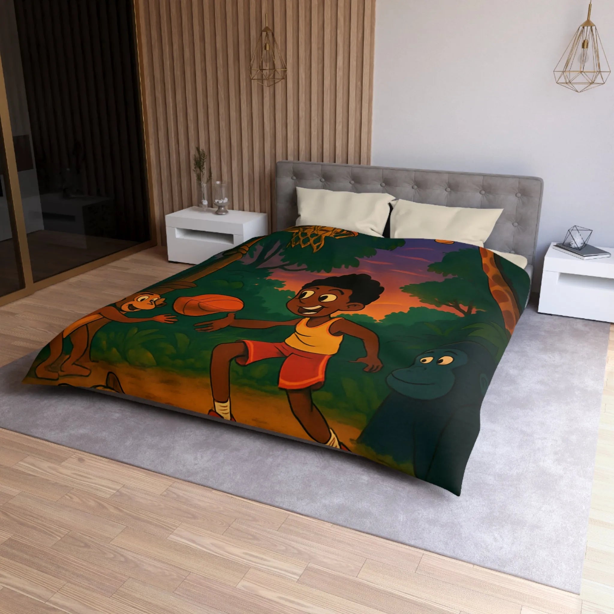 Housse de couette enfant jungle colorée avec garçon jouant au basket et animaux amusants