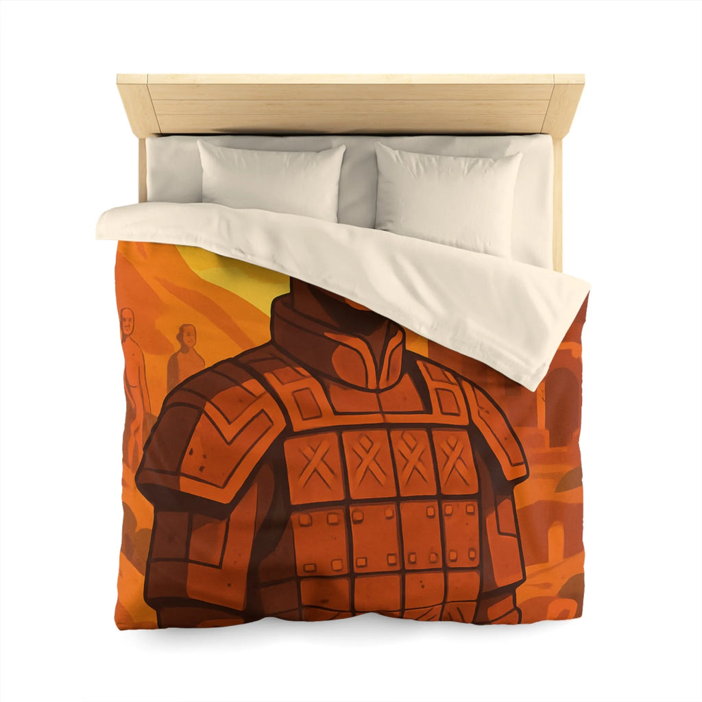Housse de couette inspirée des guerriers antiques dans un style artistique épuré et vibrant