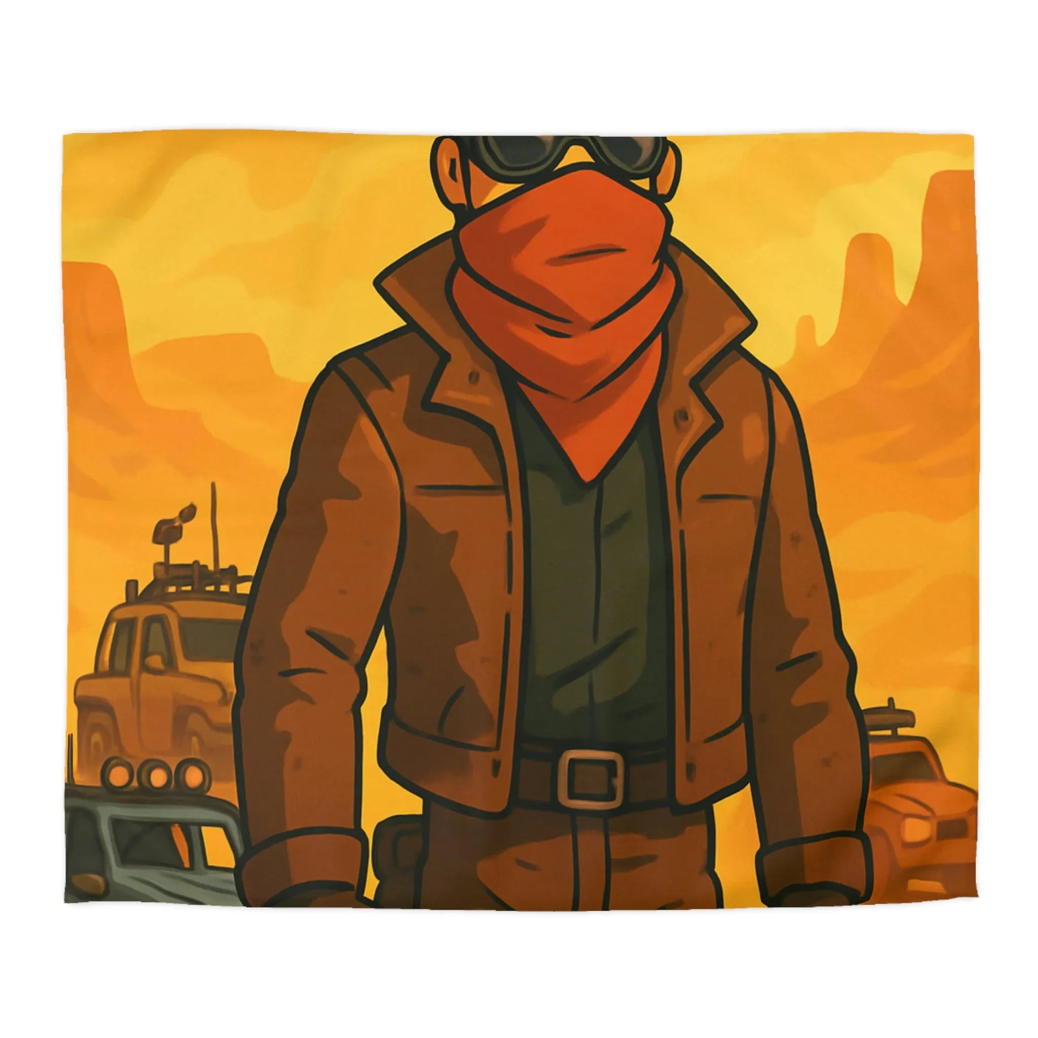 Housse de couette désert post-apocalyptique avec style bande dessinée et personnage héroïque